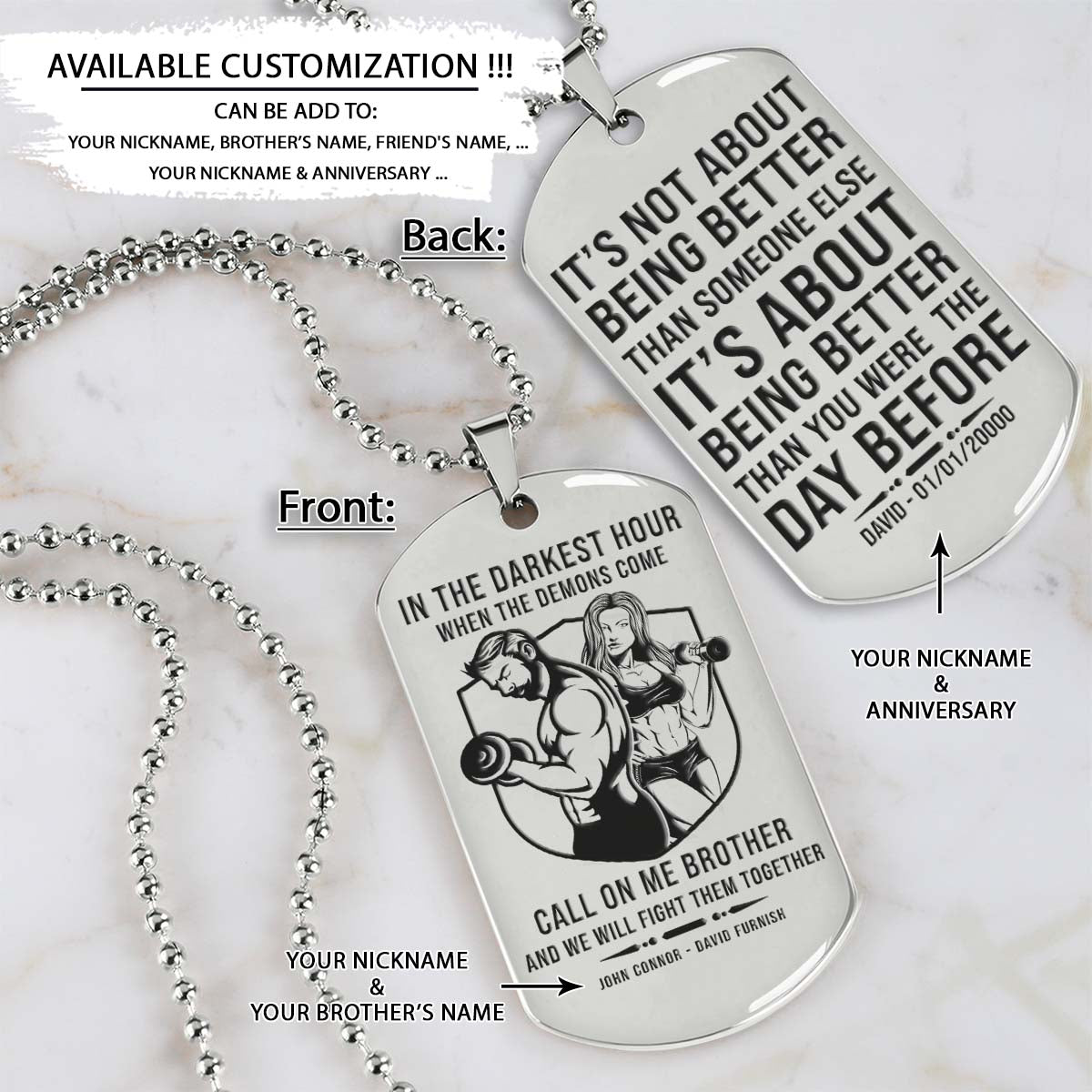 Gym Dog Tag - Gym Necklace - Call On Me Brother - It's About Being Better Than You Were The Day Before - Gym - Fitness Center - Workout - Engrave Dog Tag