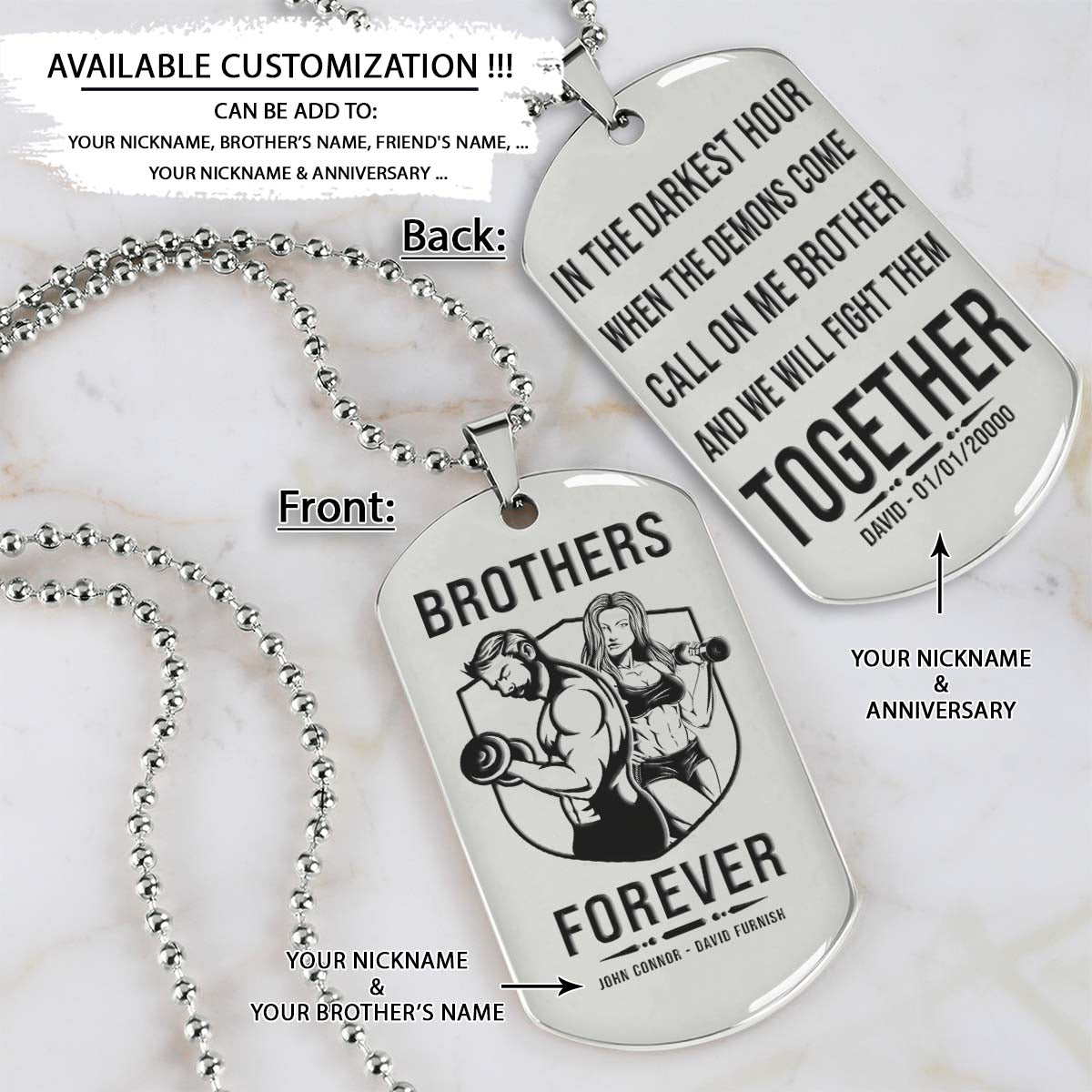 Gym Dog Tag - Gym Necklace - Brothers Forever - Call On Me Brother - Gym - Fitness Center - Workout - Engrave Dog Tag