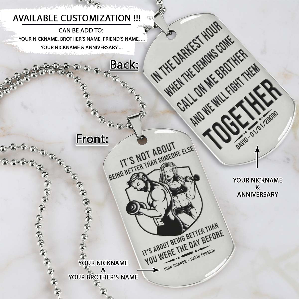 Gym Dog Tag - Gym Necklace - Call On Me Brother - It's About Being Better Than You Were The Day Before - Gym - Fitness Center - Workout - Engrave Dog Tag