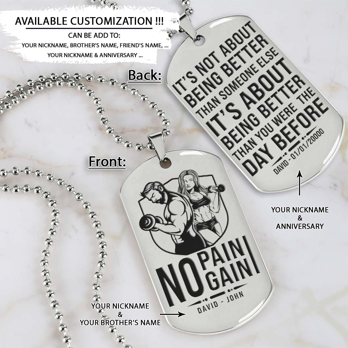 Gym Dog Tag - Gym Necklace - No Pain - No Gain - It's About Being Better Than You Were The Day Before - Gym - Fitness Center - Workout - Engrave Dog Tag
