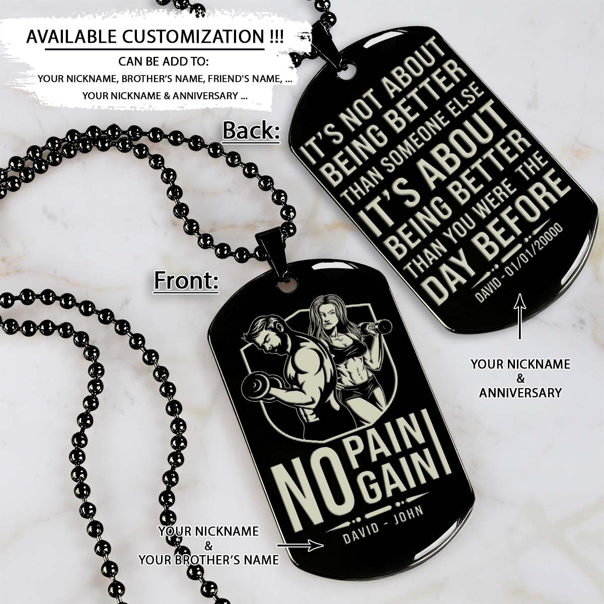 Gym Dog Tag - Gym Necklace - No Pain - No Gain - It's About Being Better Than You Were The Day Before - Gym - Fitness Center - Workout - Engrave Dog Tag