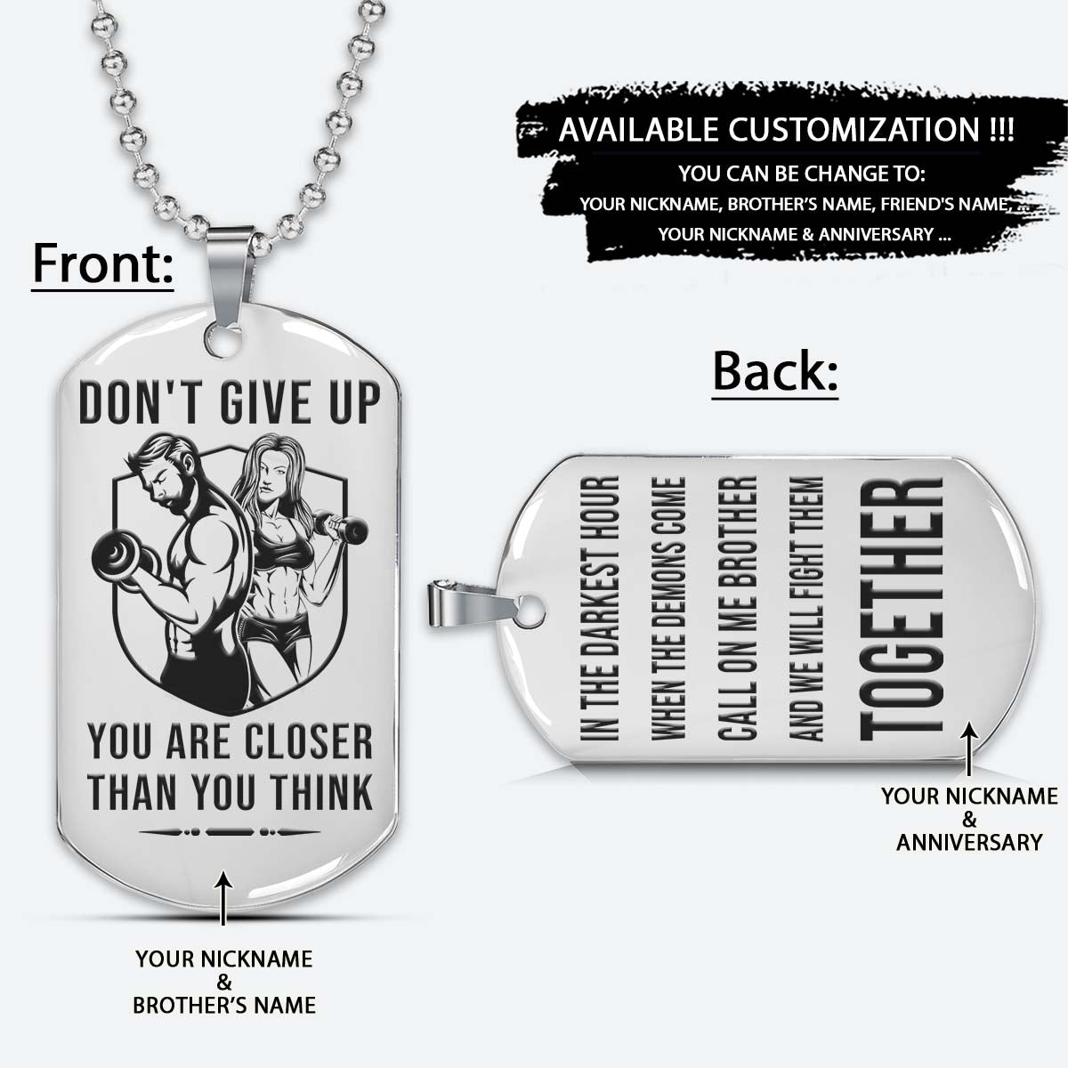 Gym Dog Tag - Gym Necklace - Don't Give Up You Are Closer Than You Think - Call On Me Brother - Gym - Fitness Center - Workout - Engrave Dog Tag
