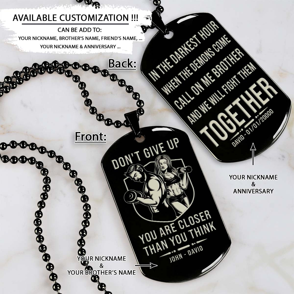 Gym Dog Tag - Gym Necklace - Don't Give Up You Are Closer Than You Think - Call On Me Brother - Gym - Fitness Center - Workout - Engrave Dog Tag