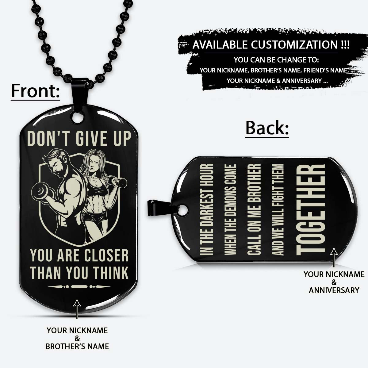Gym Dog Tag - Gym Necklace - Don't Give Up You Are Closer Than You Think - Call On Me Brother - Gym - Fitness Center - Workout - Engrave Dog Tag
