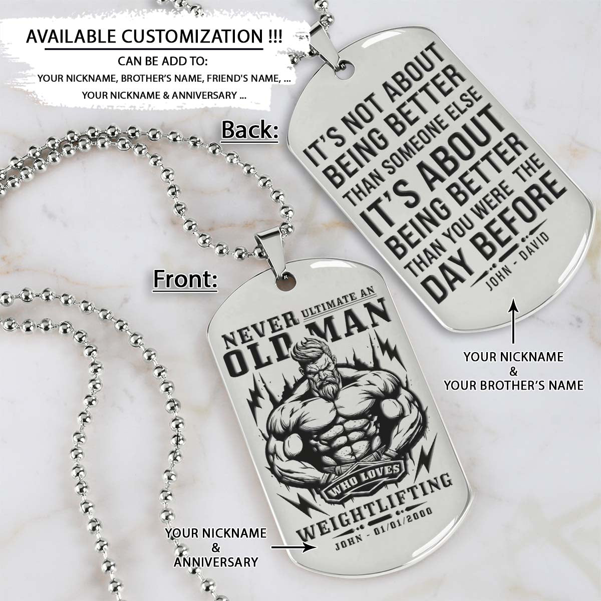 Gym Dog Tag - Gym Necklace - Never Ultimate An Old Man Who Loves Weightlifting - It's About Being Better Than You Were The Day Before - Gym - Fitness Center - Workout - Engrave Dog Tag