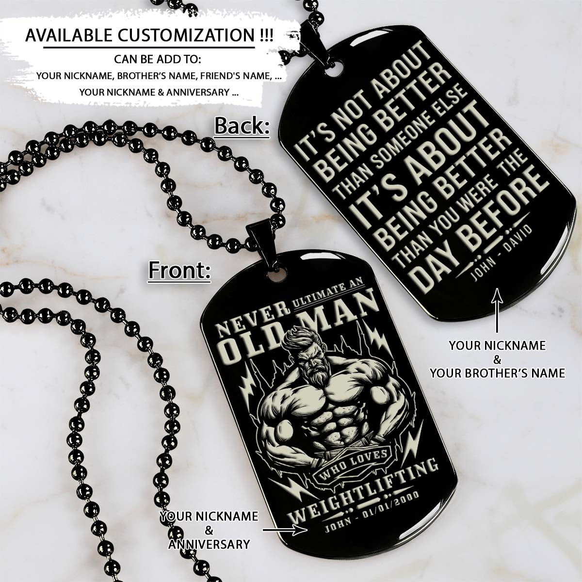 Gym Dog Tag - Gym Necklace - Never Ultimate An Old Man Who Loves Weightlifting - It's About Being Better Than You Were The Day Before - Gym - Fitness Center - Workout - Engrave Dog Tag