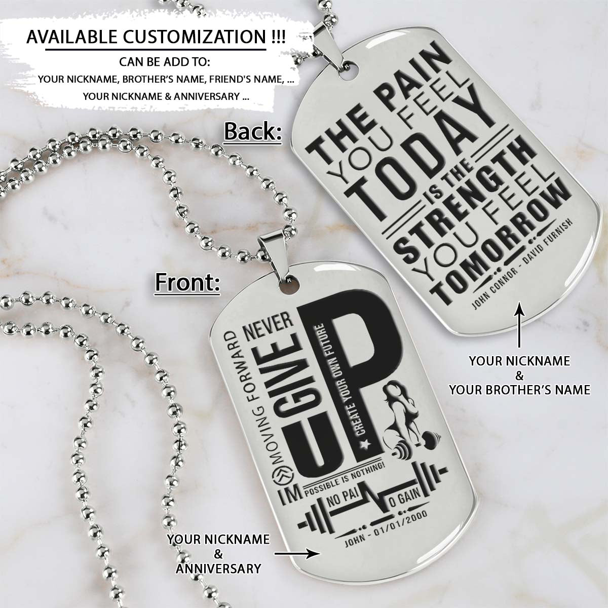 Gym Dog Tag - Gym Necklace - Fitness Woman - Never Give Up - The Pain You Feel Today Is The Strength You Feel Tomorrow - Gym - Fitness Center - Workout - Engrave Dog Tag