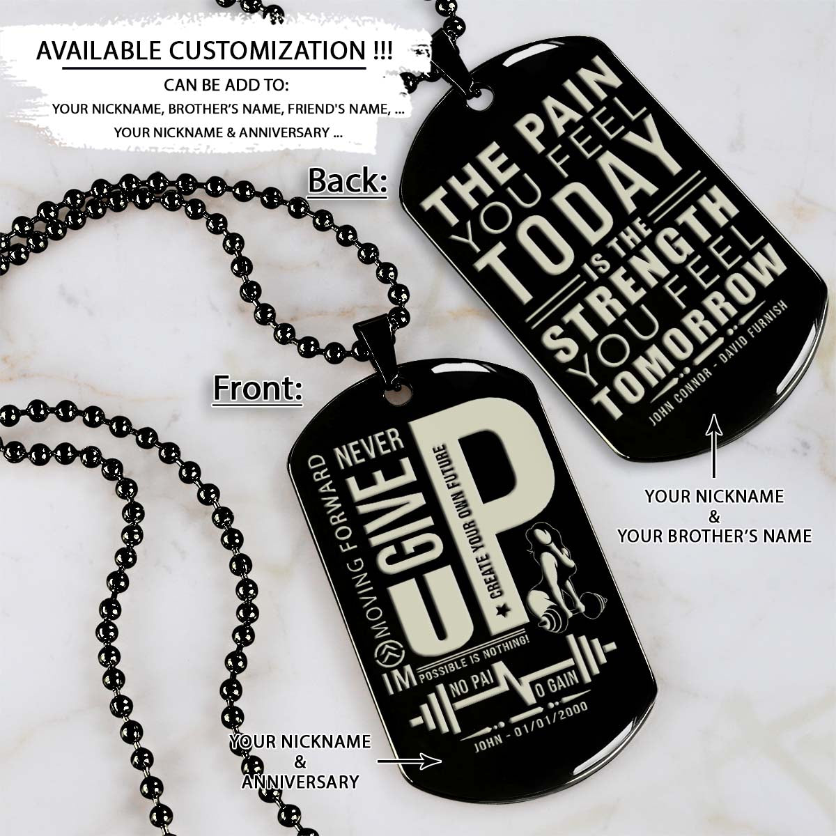 Gym Dog Tag - Gym Necklace - Fitness Woman - Never Give Up - The Pain You Feel Today Is The Strength You Feel Tomorrow - Gym - Fitness Center - Workout - Engrave Dog Tag