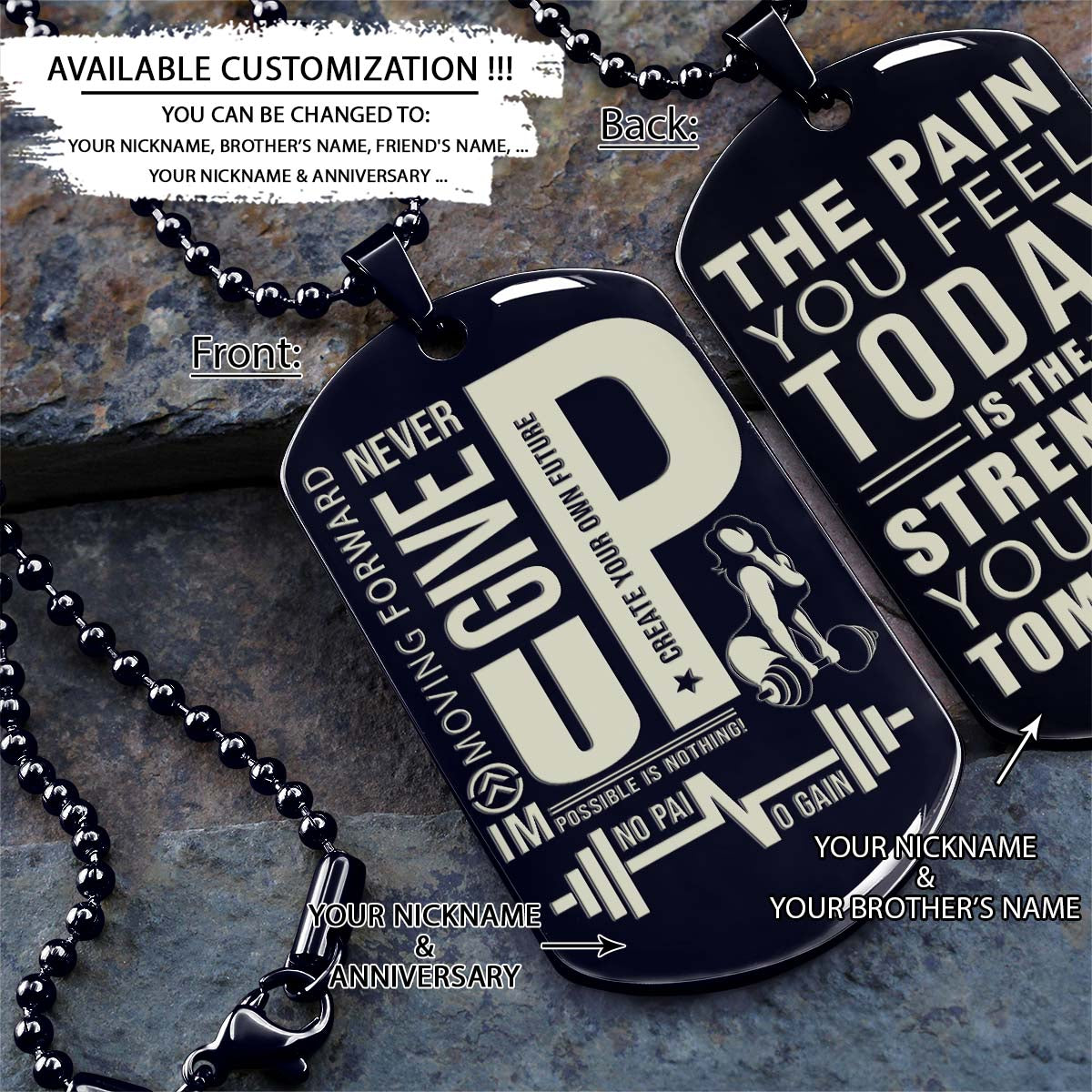 Gym Dog Tag - Gym Necklace - Fitness Woman - Never Give Up - The Pain You Feel Today Is The Strength You Feel Tomorrow - Gym - Fitness Center - Workout - Engrave Dog Tag