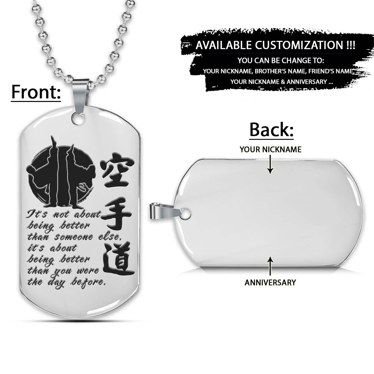 Karate Dog Tag - It's About Being Better Than You Were The Day Before - Karate Necklace - Engrave Dog Tag