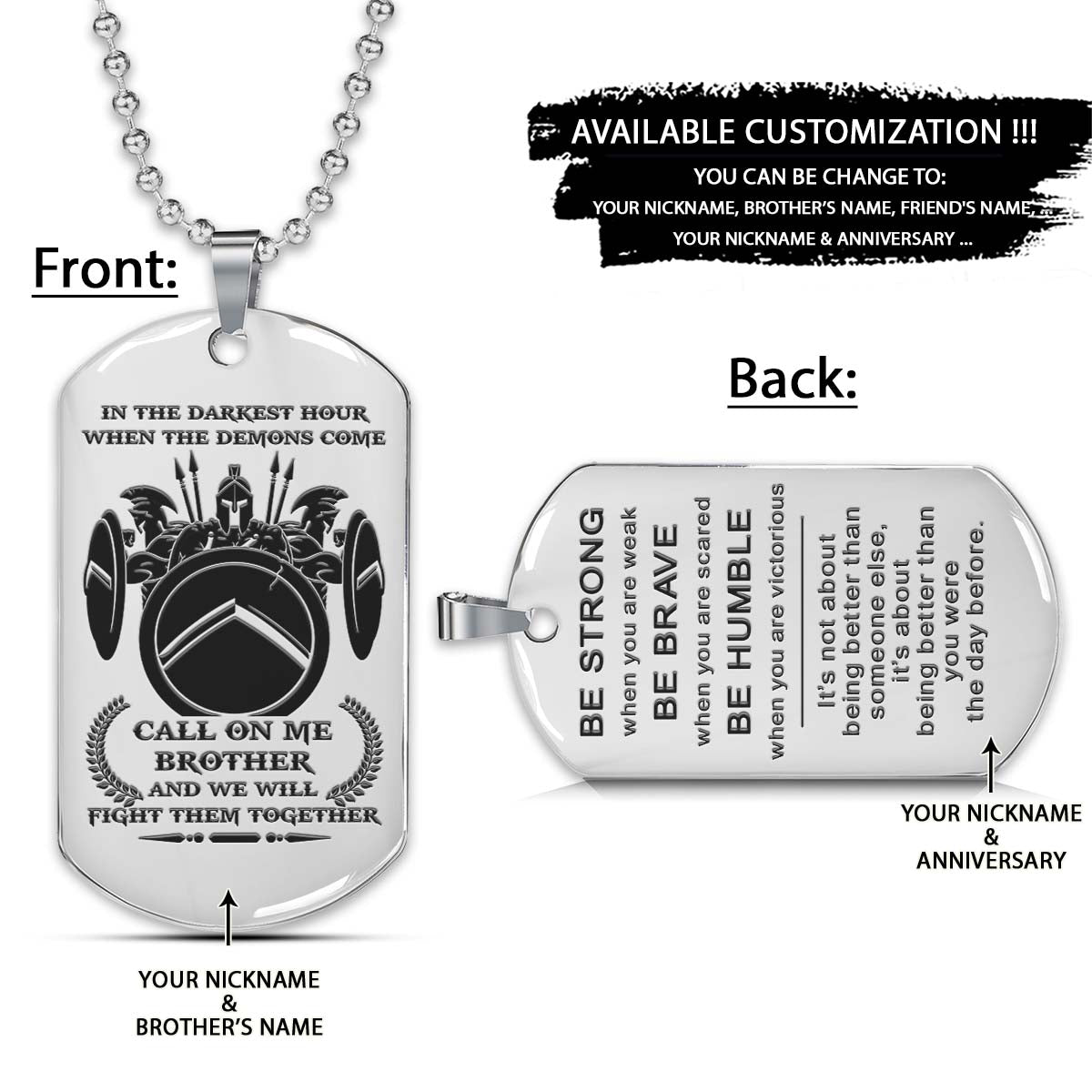 Spartan Dog Tag - Call On Me Brother - It's About Being Better Than You Were The Day Before - Spartan Warrior - Sparta - Leonidas - Gladiator - Spartan Necklace - Engrave Dog Tag