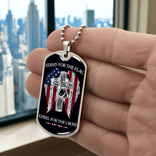 Soldier - Stand For The Flag - Kneel For The Cross - Army - Marine - Black Dog Tag - Soldier Dog Tag - Military Ball Chain - Luxury Dog Tag
