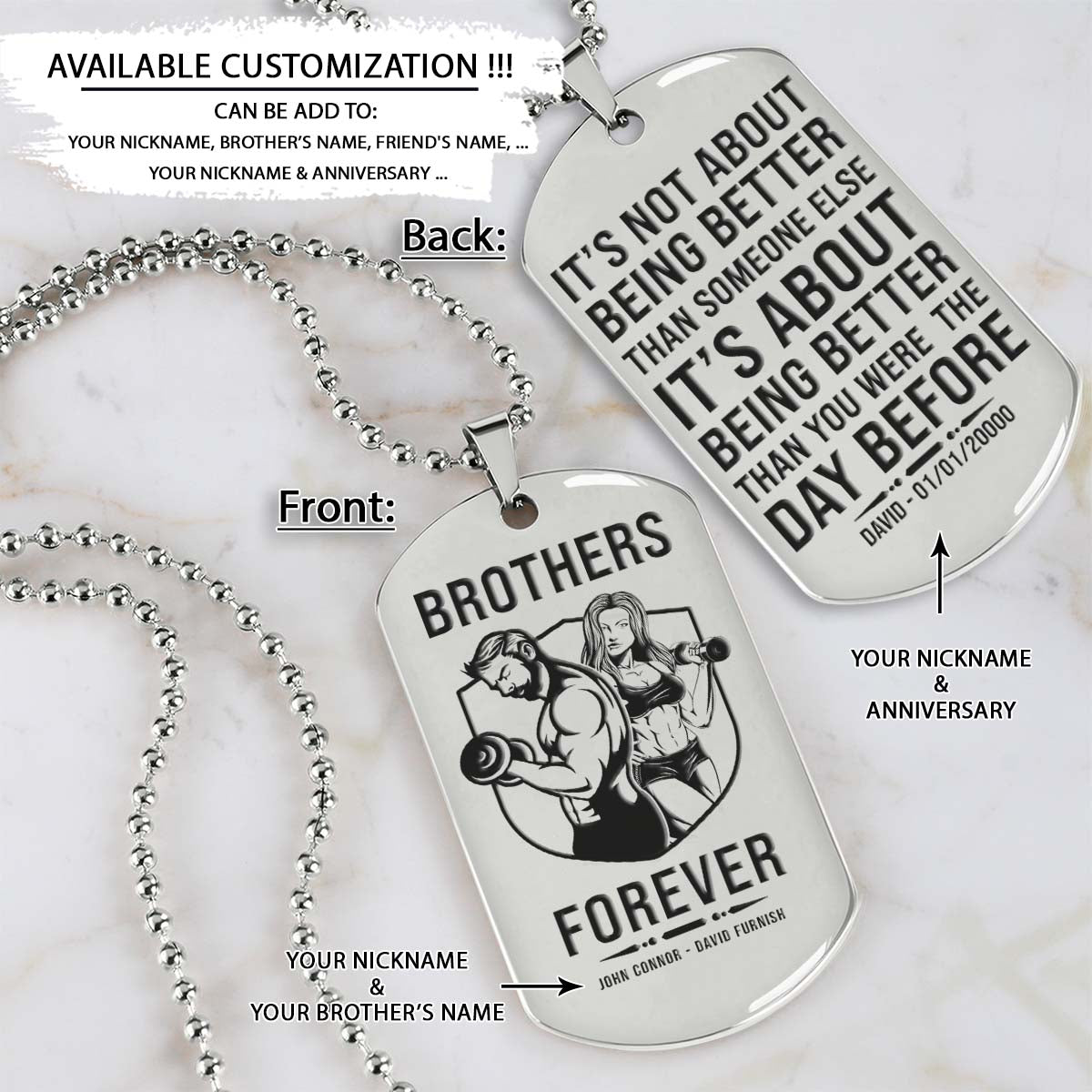 Gym Dog Tag - Gym Necklace - Brothers Forever - It's About Being Better Than You Were The Day Before - Gym - Fitness Center - Workout - Engrave Dog Tag
