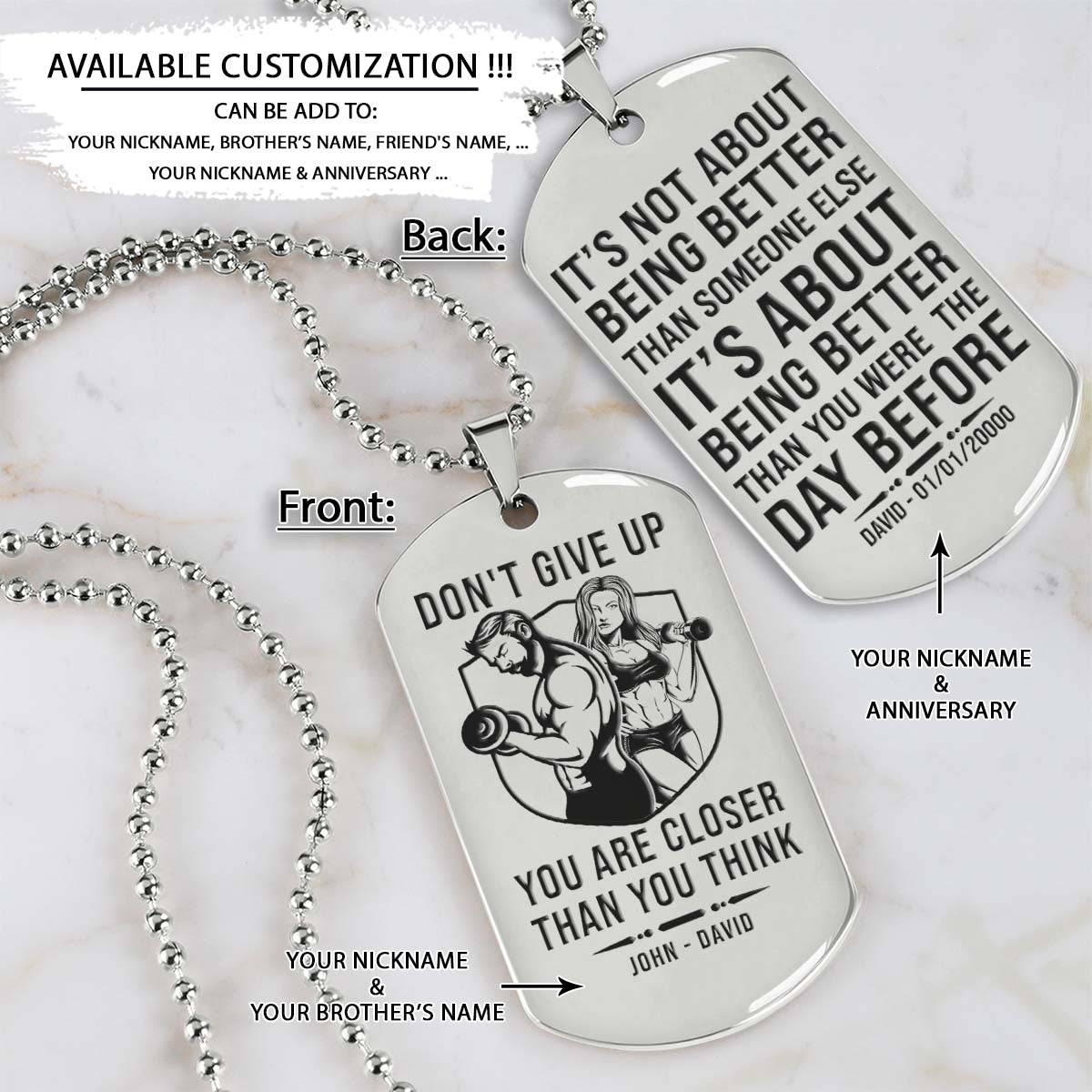 Gym Dog Tag - Gym Necklace - Don't Give Up You Are Closer Than You Think - It's About Being Better Than You Were The Day Before - Gym - Fitness Center - Workout - Engrave Dog Tag