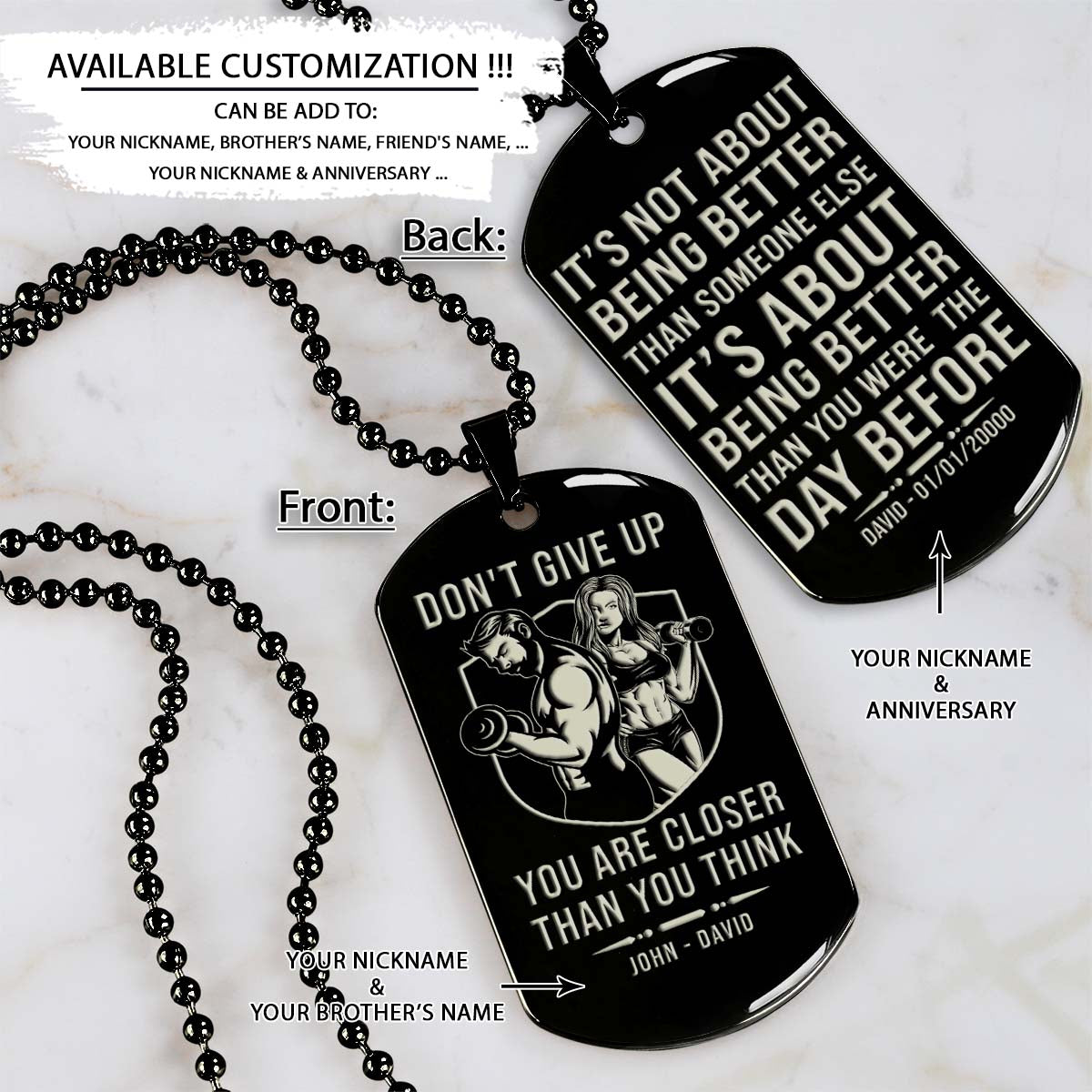 Gym Dog Tag - Gym Necklace - Don't Give Up You Are Closer Than You Think - It's About Being Better Than You Were The Day Before - Gym - Fitness Center - Workout - Engrave Dog Tag