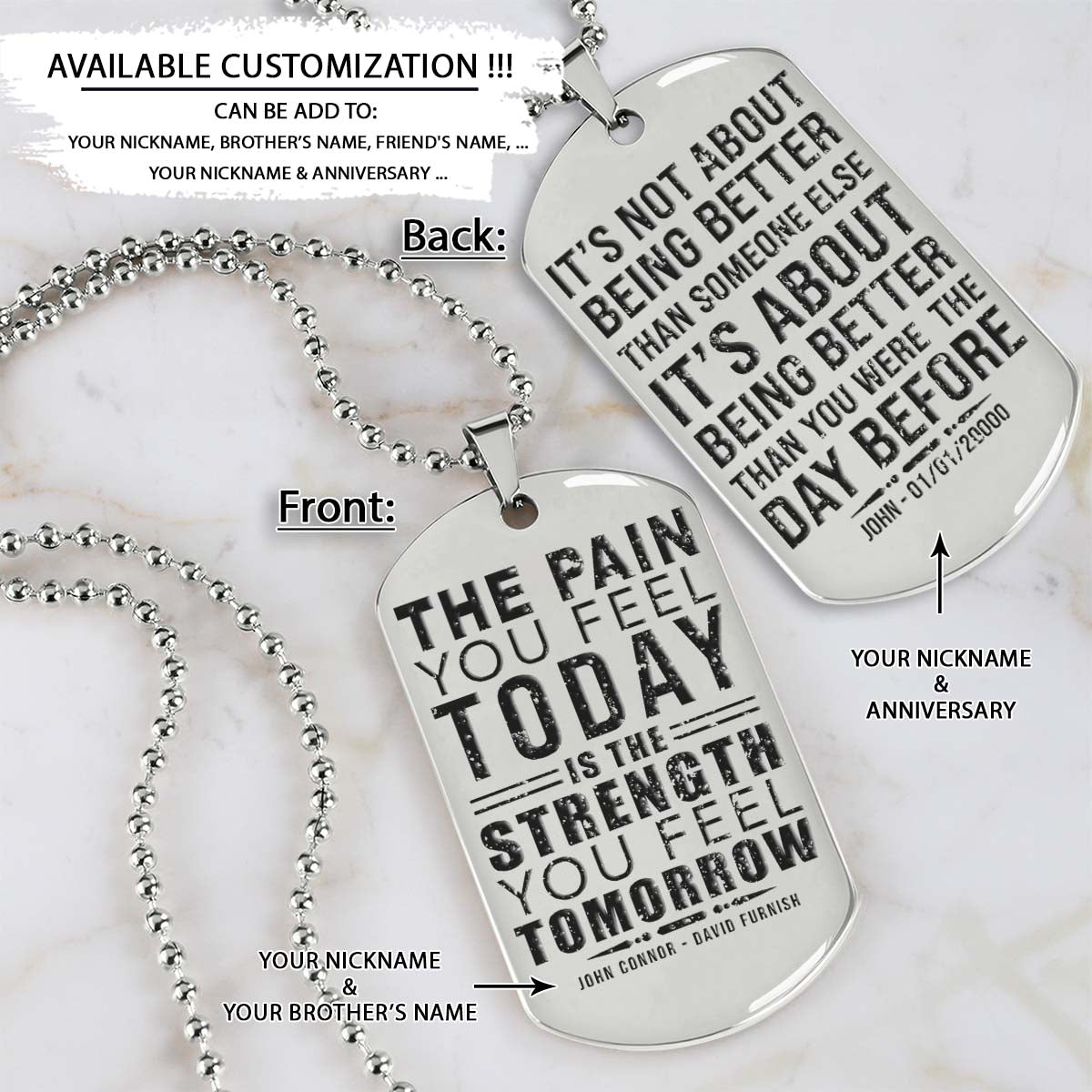 Gym Dog Tag - Gym Necklace - The Pain You Feel Today - It's About Being Better Than You Were The Day Before - Gym - Fitness Center - Workout - Engrave Dog Tag