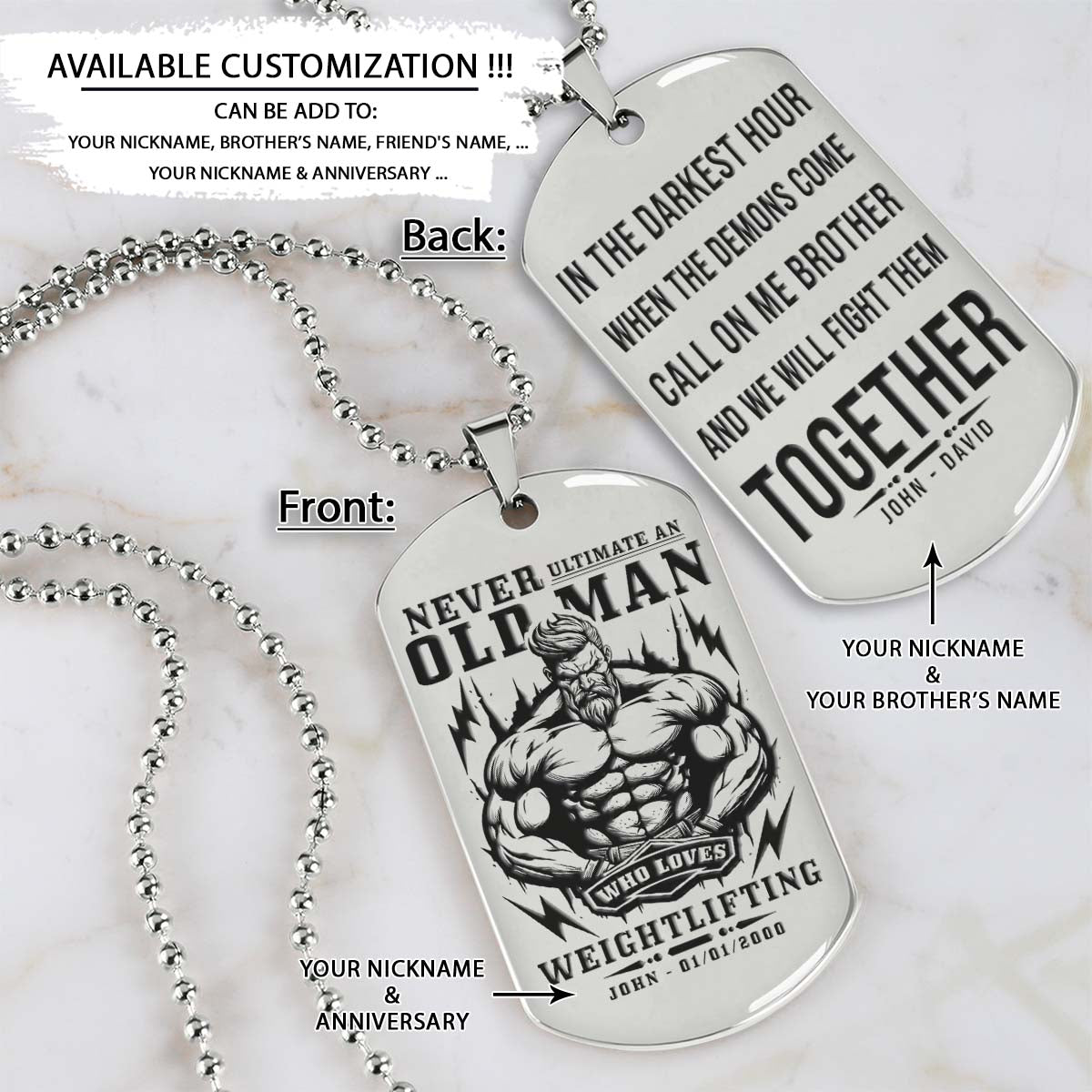 Gym Dog Tag - Gym Necklace - Never Ultimate An Old Man Who Loves Weightlifting - Call One Me Brother - Gym - Fitness Center - Workout - Engrave Dog Tag