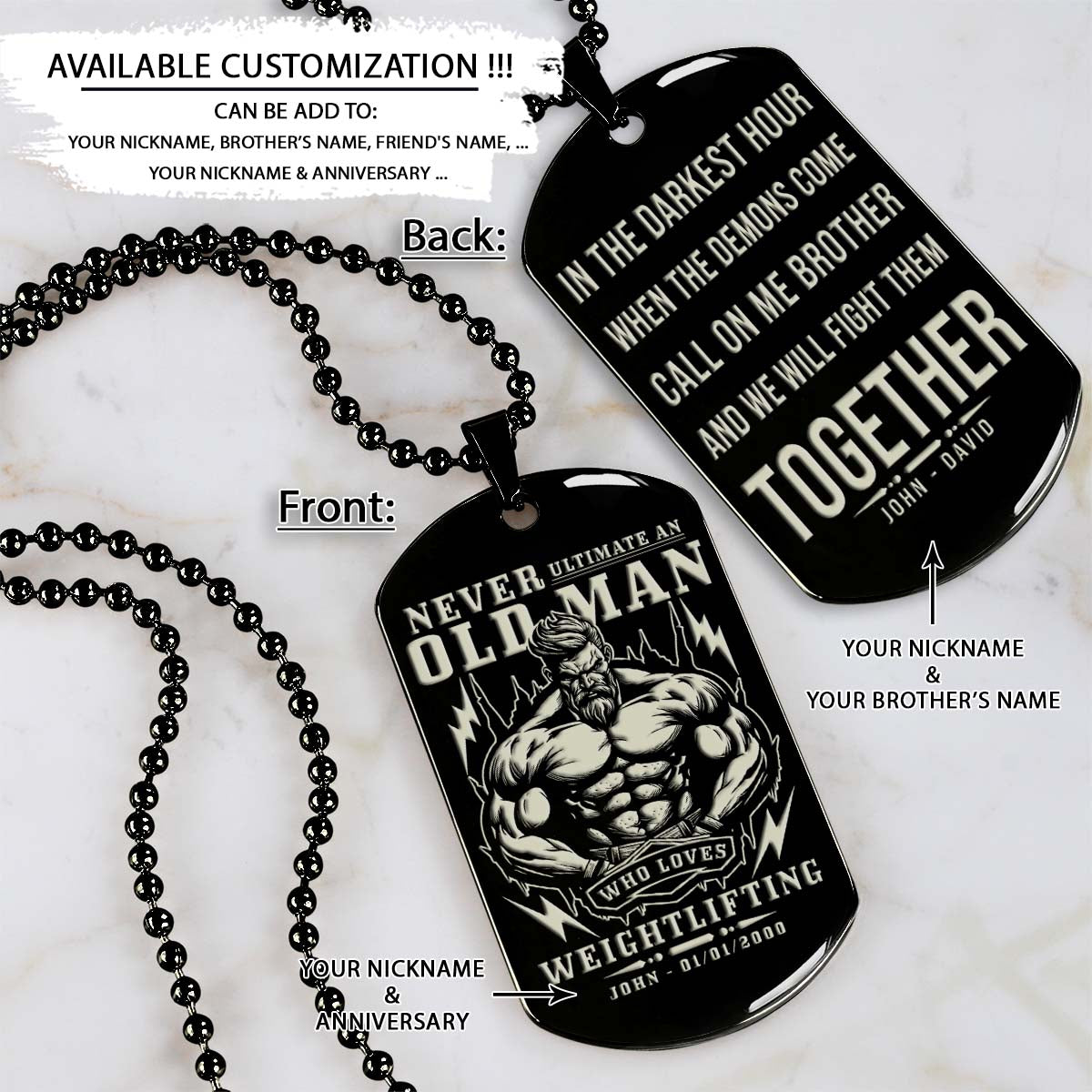 Gym Dog Tag - Gym Necklace - Never Ultimate An Old Man Who Loves Weightlifting - Call One Me Brother - Gym - Fitness Center - Workout - Engrave Dog Tag