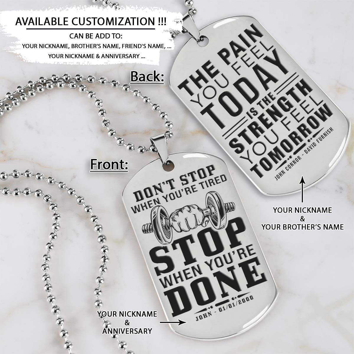 Gym Dog Tag - Gym Necklace - Stop When You Are Done - The Pain You Feel Today Is The Strength You Feel Tomorrow - Gym - Fitness Center - Workout - Engrave Dog Tag
