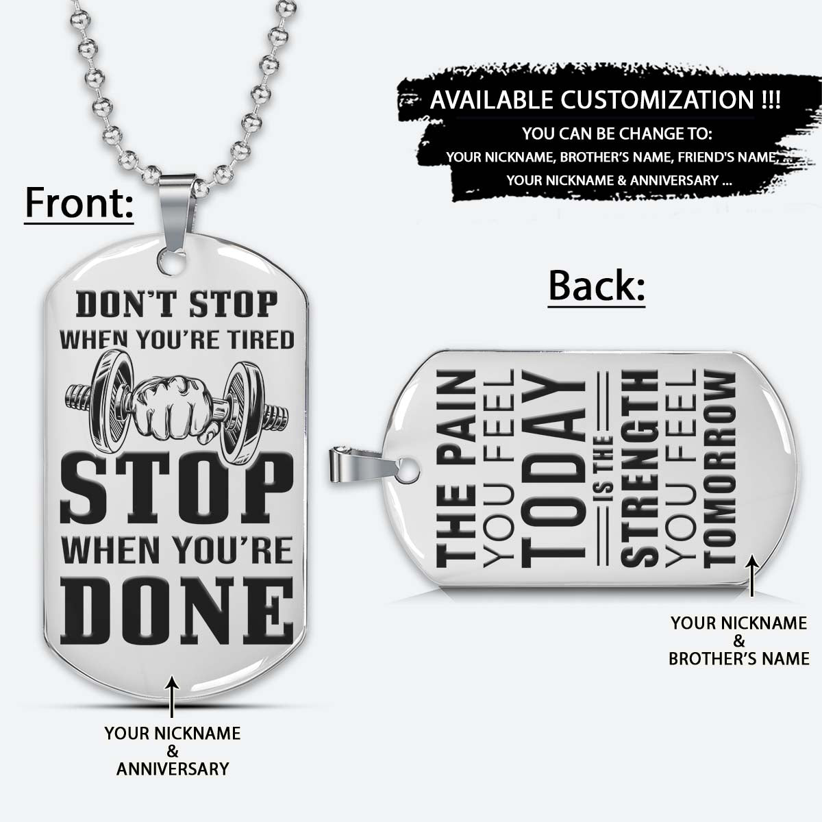 Gym Dog Tag - Gym Necklace - Stop When You Are Done - The Pain You Feel Today Is The Strength You Feel Tomorrow - Gym - Fitness Center - Workout - Engrave Dog Tag
