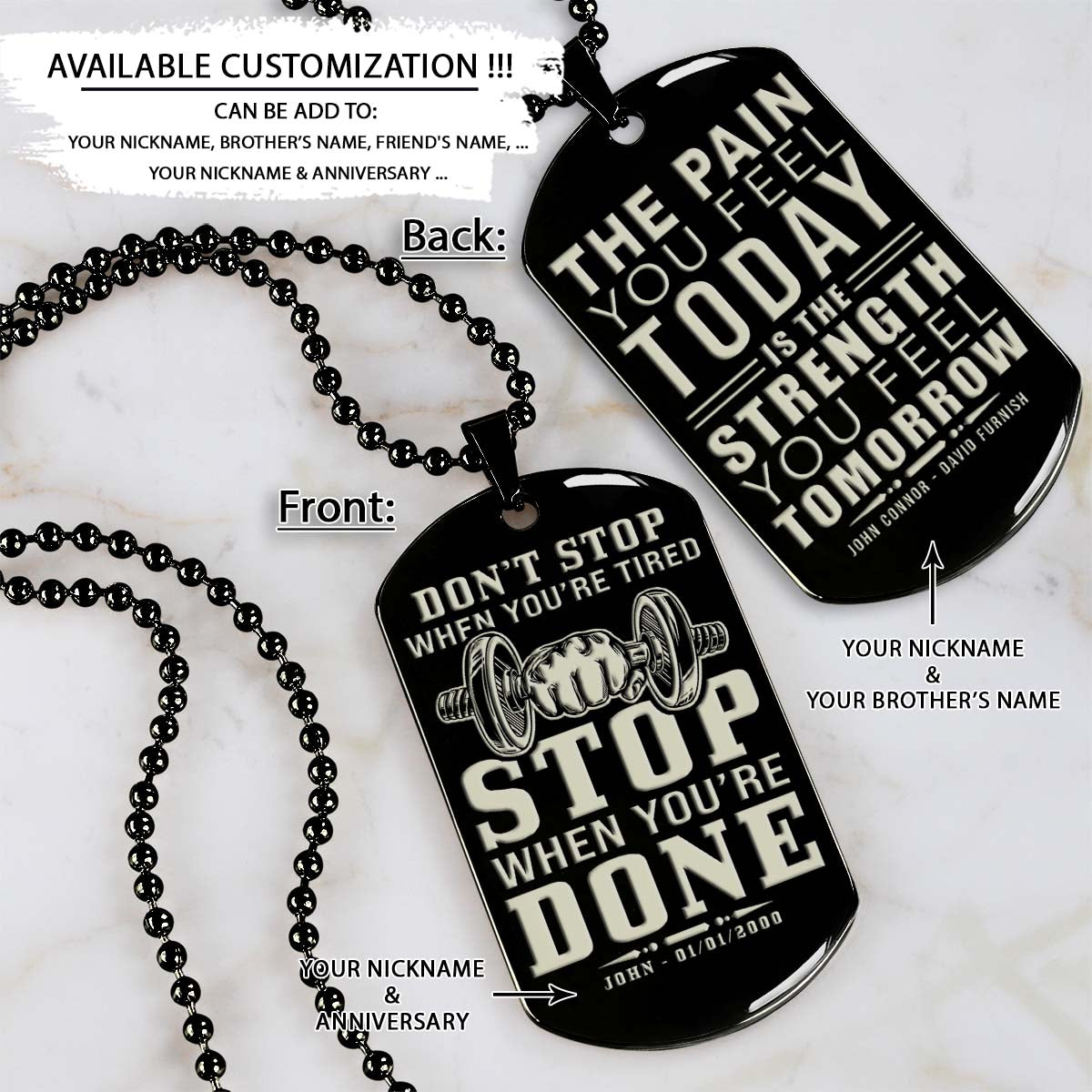 Gym Dog Tag - Gym Necklace - Stop When You Are Done - The Pain You Feel Today Is The Strength You Feel Tomorrow - Gym - Fitness Center - Workout - Engrave Dog Tag