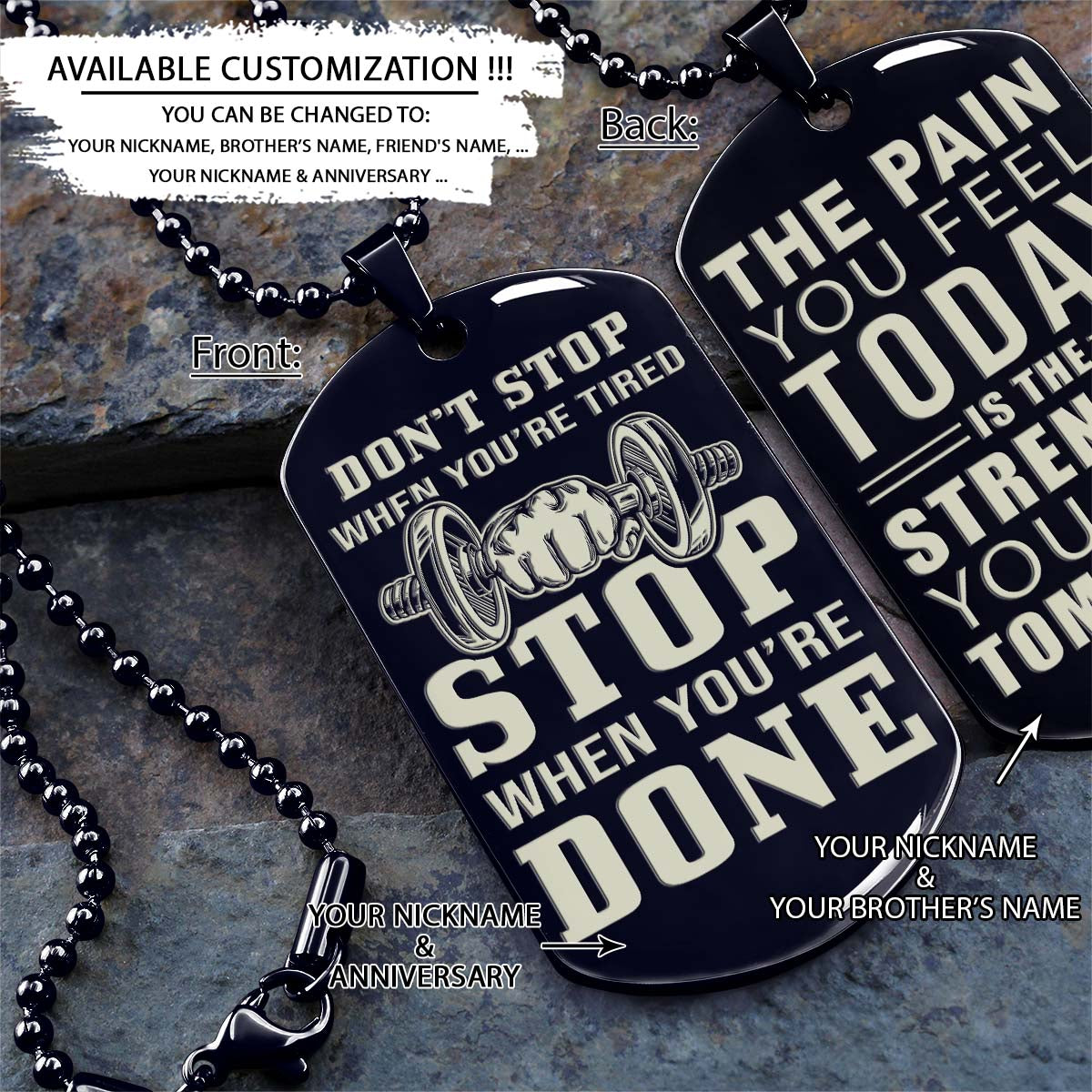 Gym Dog Tag - Gym Necklace - Stop When You Are Done - The Pain You Feel Today Is The Strength You Feel Tomorrow - Gym - Fitness Center - Workout - Engrave Dog Tag