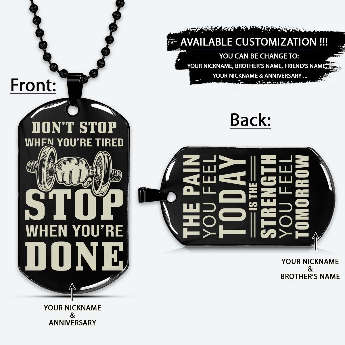 Gym Dog Tag - Gym Necklace - Stop When You Are Done - The Pain You Feel Today Is The Strength You Feel Tomorrow - Gym - Fitness Center - Workout - Engrave Dog Tag