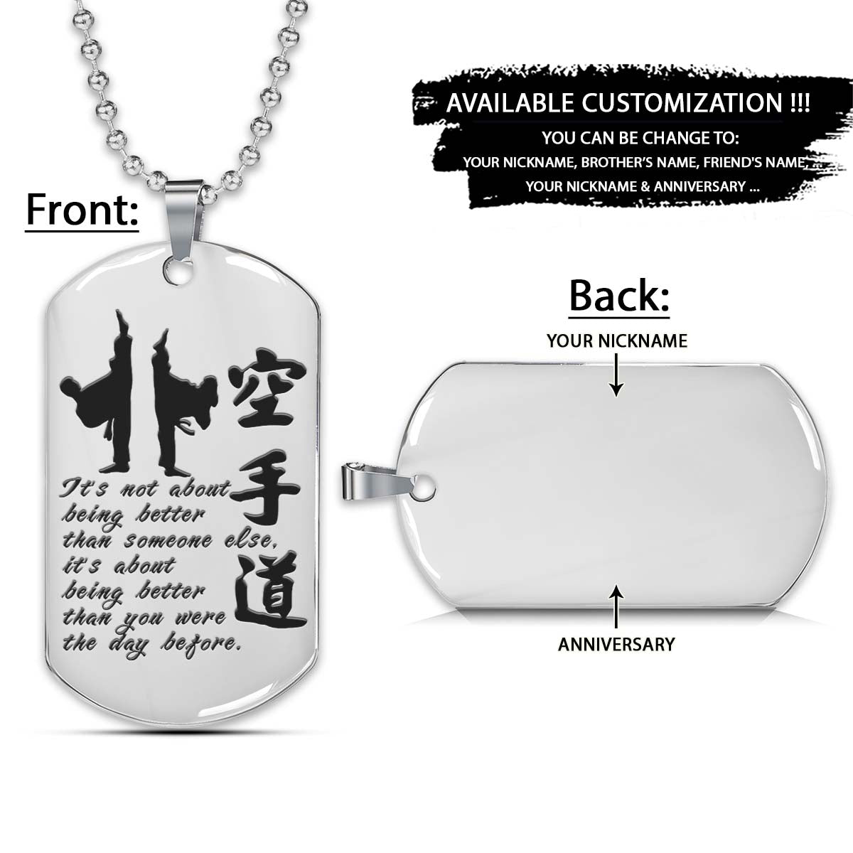 Karate Dog Tag - It's About Being Better Than You Were The Day Before - Karate Necklace - Engrave Dog Tag
