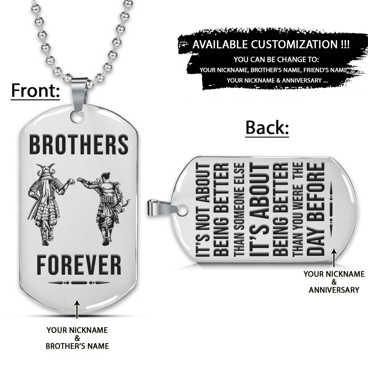 Samurai Dog Tag - Brothers Forever - It's About Being Better Than You Were The Day Before - Bushido - Katana - Ronin - Miyamoto Musashi - Samurai Necklace - Engrave Dog Tag