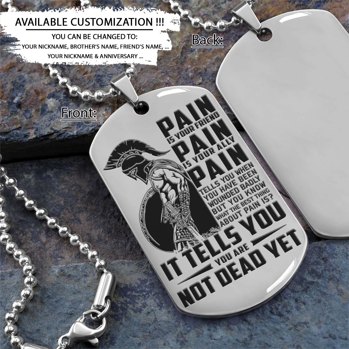 Spartan Dog Tag - PAIN - You Are Not Dead Yet - Spartan Warrior - Sparta - Leonidas - Gladiator - Spartan Necklace - Engrave Dog Tag