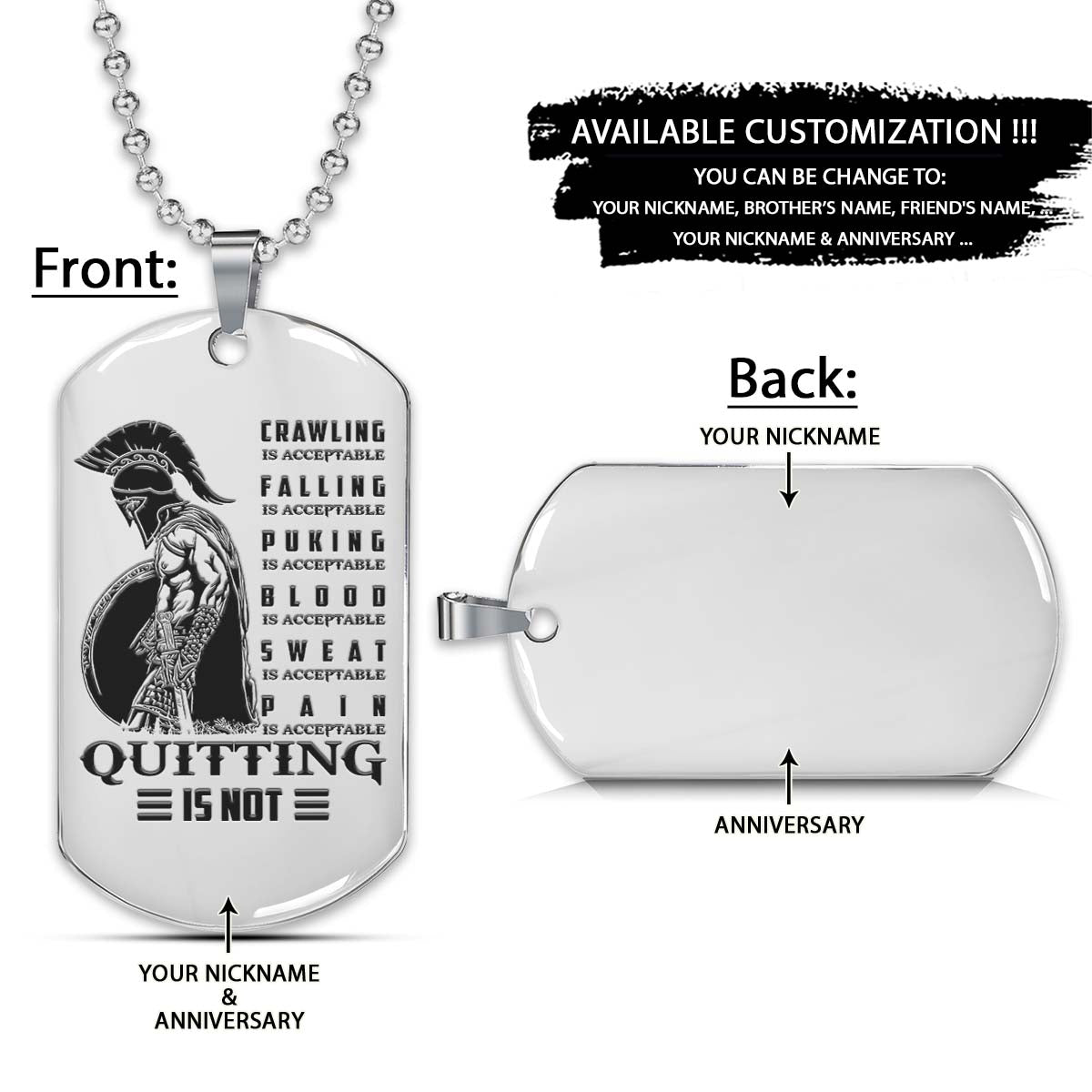 Spartan Dog Tag - Quitting Is Not - Spartan Warrior - Sparta - Leonidas - Gladiator - Spartan Necklace - Engrave Dog Tag