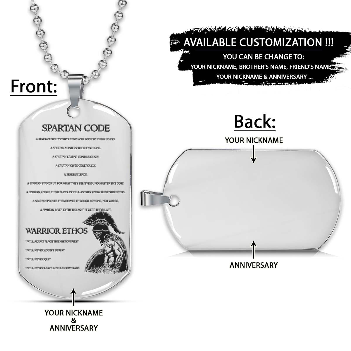 Spartan Dog Tag - Spartan Code - Spartan Warrior - Sparta - Leonidas - Gladiator - Spartan Necklace - Engrave Dog Tag