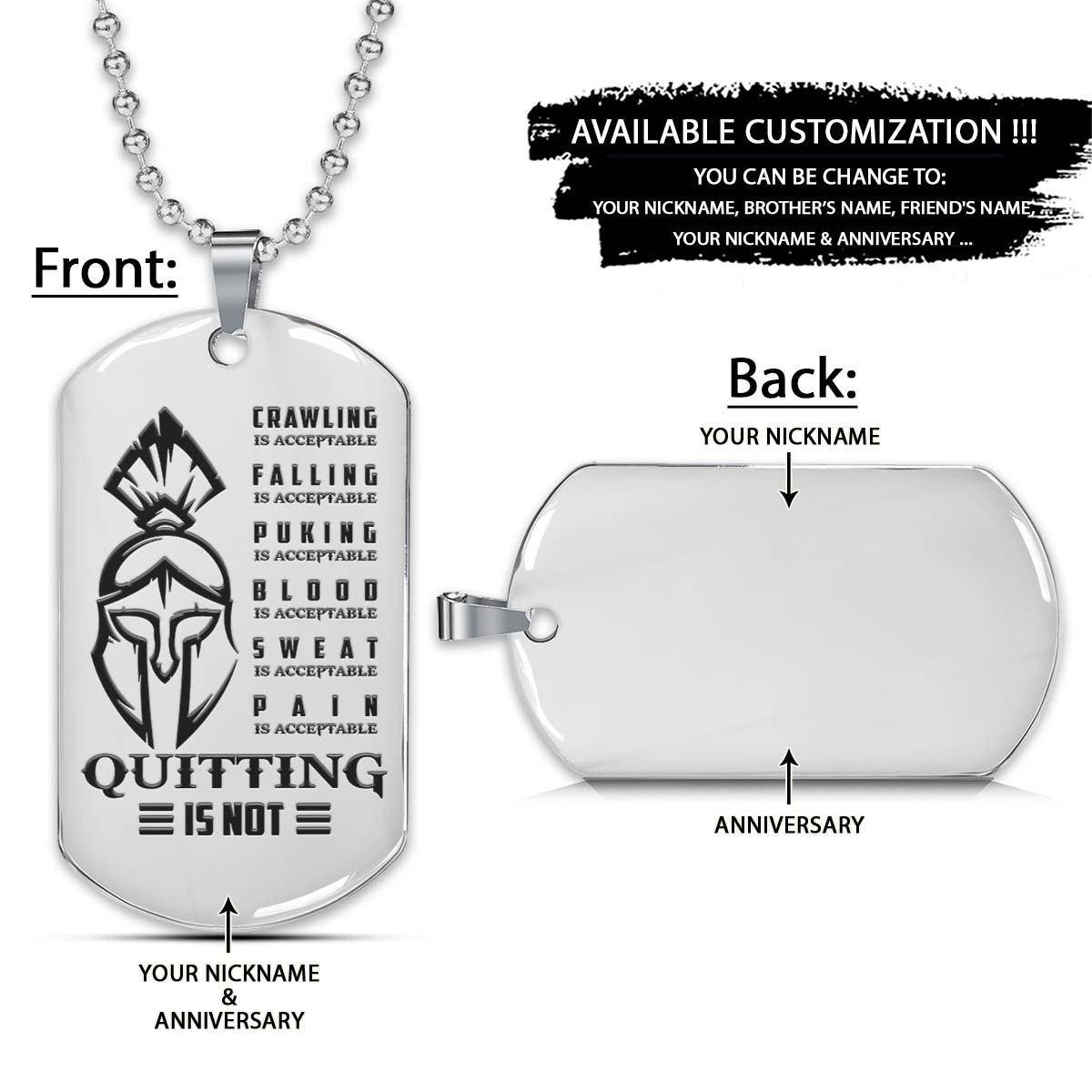 Spartan Dog Tag - Quitting Is Not - Spartan Warrior - Sparta - Leonidas - Gladiator - Spartan Necklace - Engrave Dog Tag