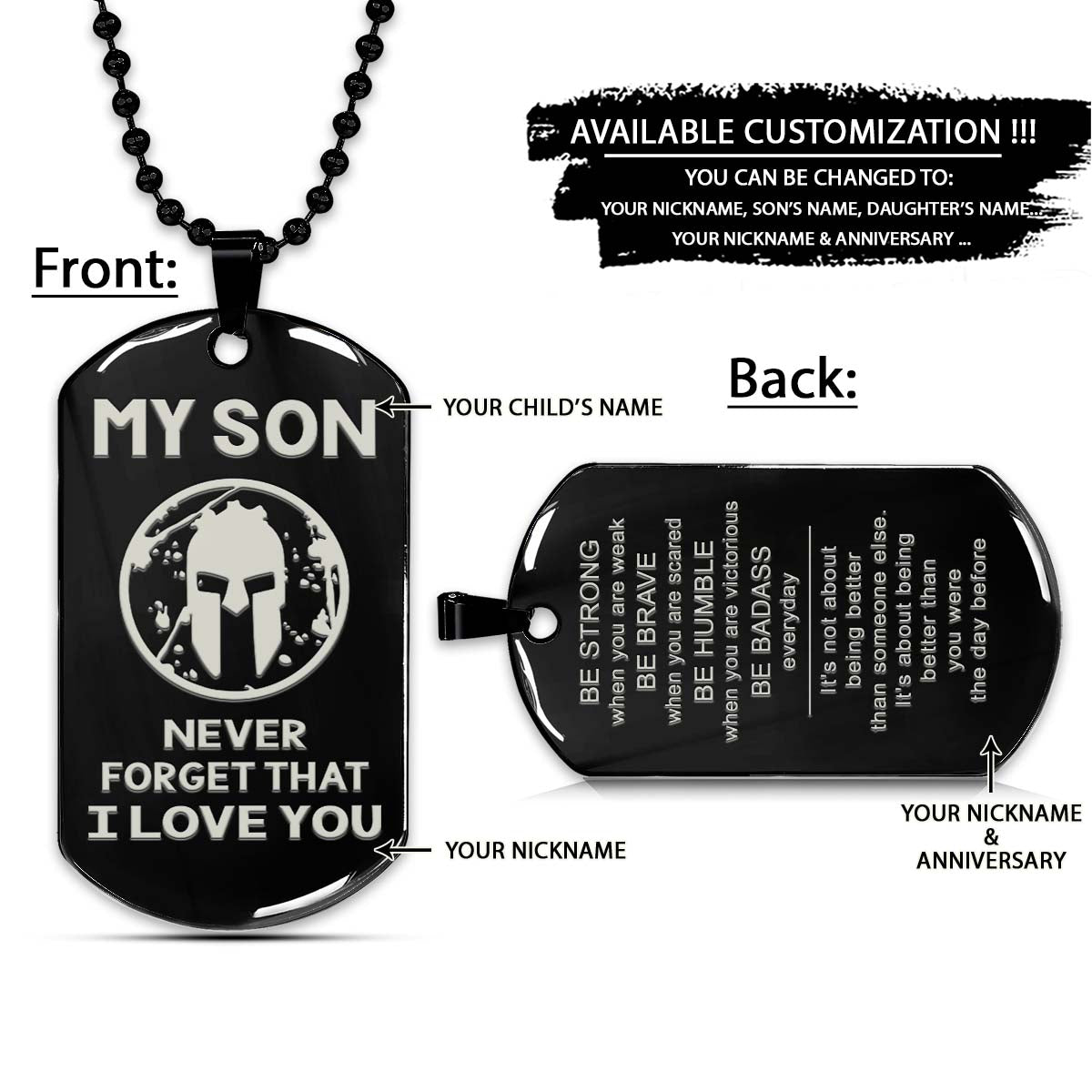 Spartan Dog Tag - To My Son - t's About Being Better Than You Were The Day Before - Spartan Warrior - Sparta - Leonidas - Gladiator - Spartan Necklace - Engrave Dog Tag