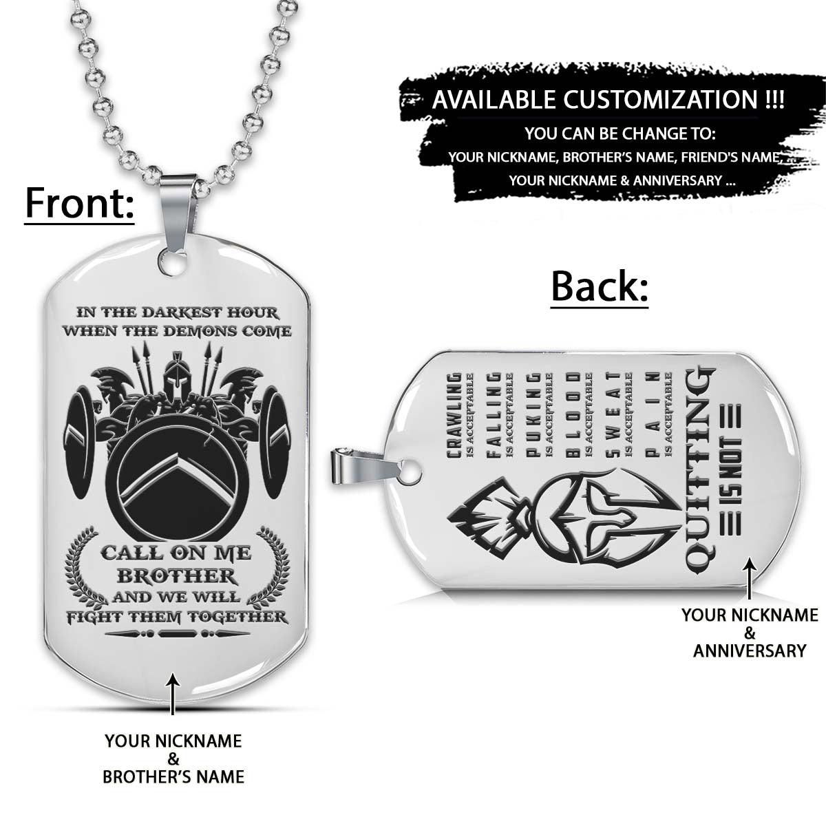 Spartan Dog Tag - Call On Me Brother - Quitting Is Not - Spartan Warrior - Sparta - Leonidas - Gladiator - Spartan Necklace - Engrave Dog Tag