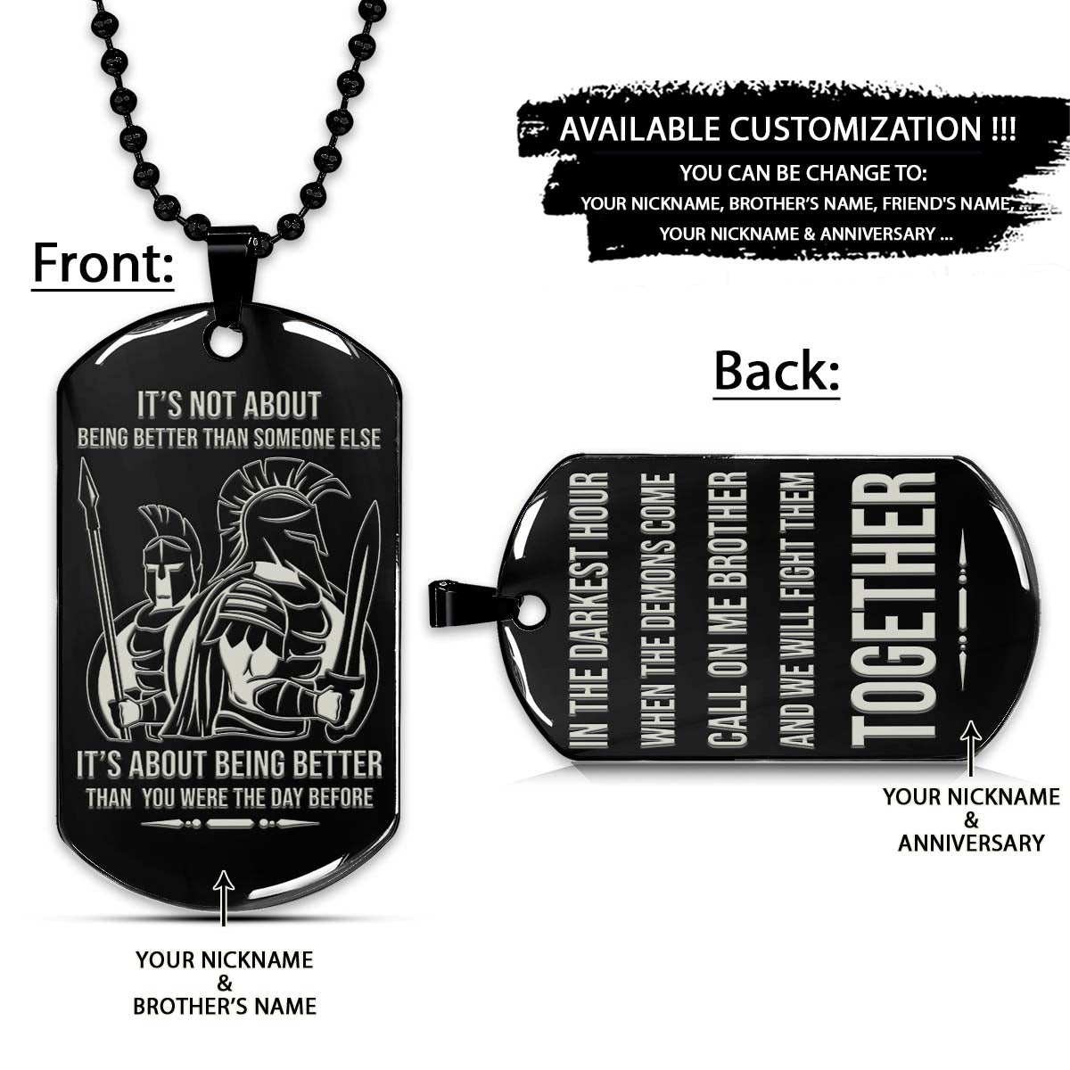 Spartan Dog Tag - Call On Me Brother - It's About Being Better Than You Were The Day Before - Spartan Warrior - Sparta - Leonidas - Gladiator - Spartan Necklace - Engrave Dog Tag