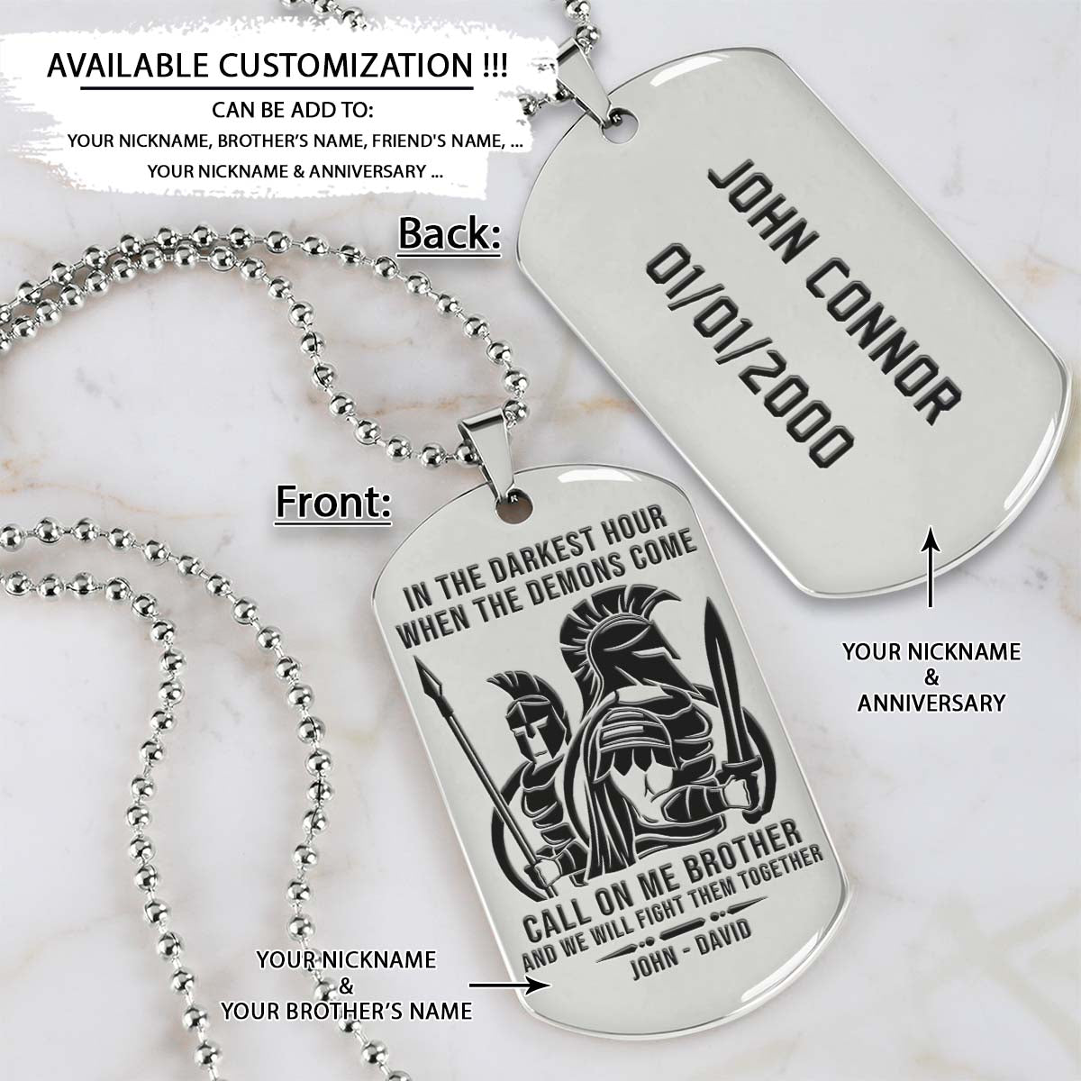 Spartan Dog Tag - Call On Me Brother - Spartan Warrior - Sparta - Leonidas - Gladiator - Spartan Necklace - Engrave Dog Tag