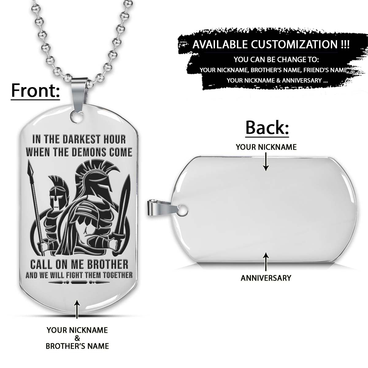 Spartan Dog Tag - Call On Me Brother - Spartan Warrior - Sparta - Leonidas - Gladiator - Spartan Necklace - Engrave Dog Tag
