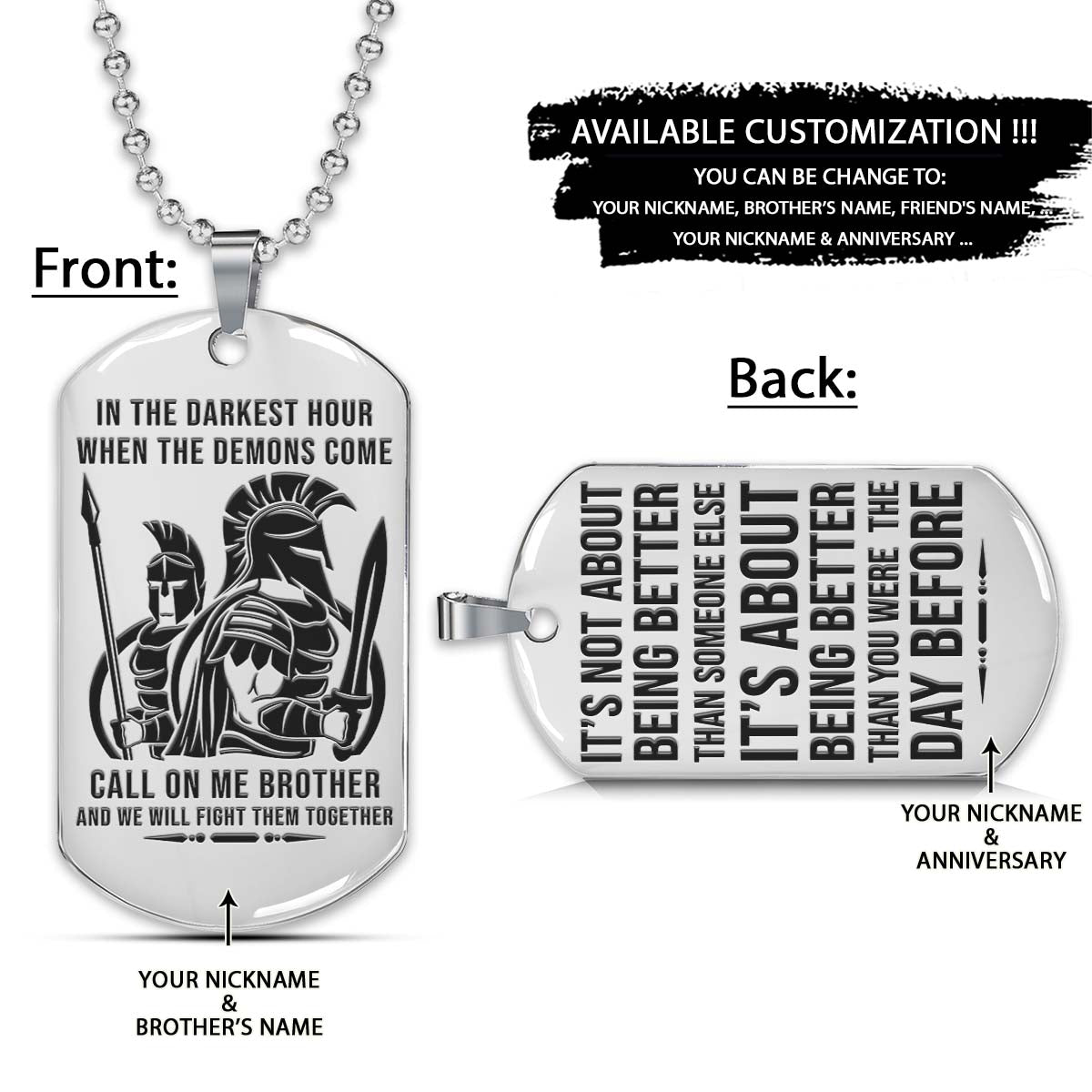 Spartan Dog Tag - Call On Me Brother - It's About Being Better Than You Were The Day Before - Spartan Warrior - Sparta - Leonidas - Gladiator - Spartan Necklace - Engrave Dog Tag