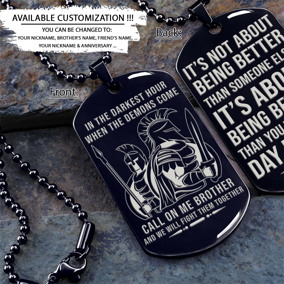 Spartan Dog Tag - Call On Me Brother - It's About Being Better Than You Were The Day Before - Spartan Warrior - Sparta - Leonidas - Gladiator - Spartan Necklace - Engrave Dog Tag