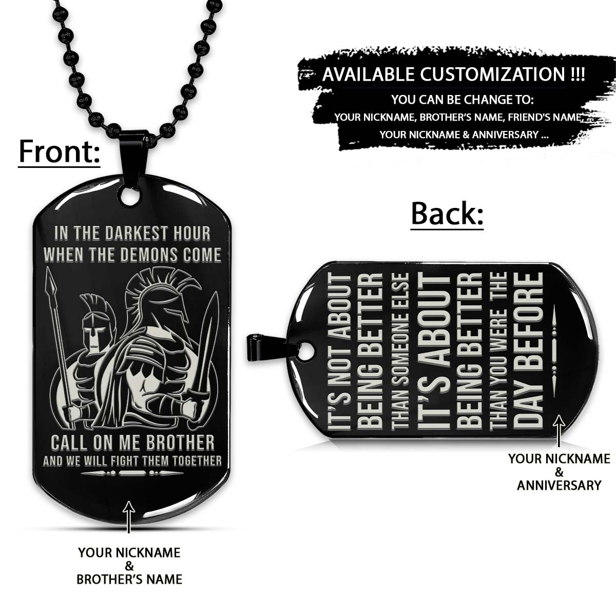 Spartan Dog Tag - Call On Me Brother - It's About Being Better Than You Were The Day Before - Spartan Warrior - Sparta - Leonidas - Gladiator - Spartan Necklace - Engrave Dog Tag