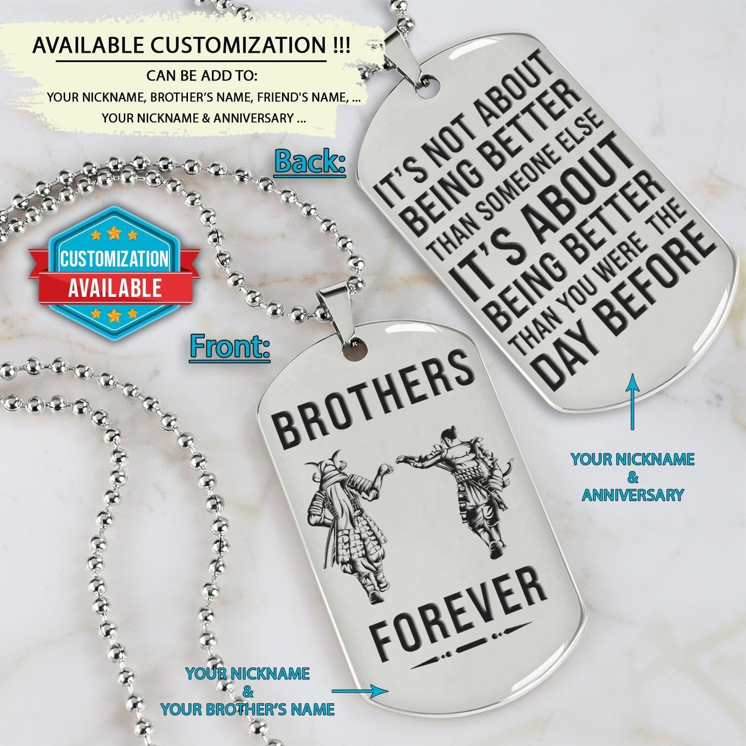 SAD056 - Brothers Forever - It's About Being Better Than You Were The Day Before - Samurai - Bushido - Katana - Ronin - Miyamoto Musashi - Silver Double-Sided Dog Tag