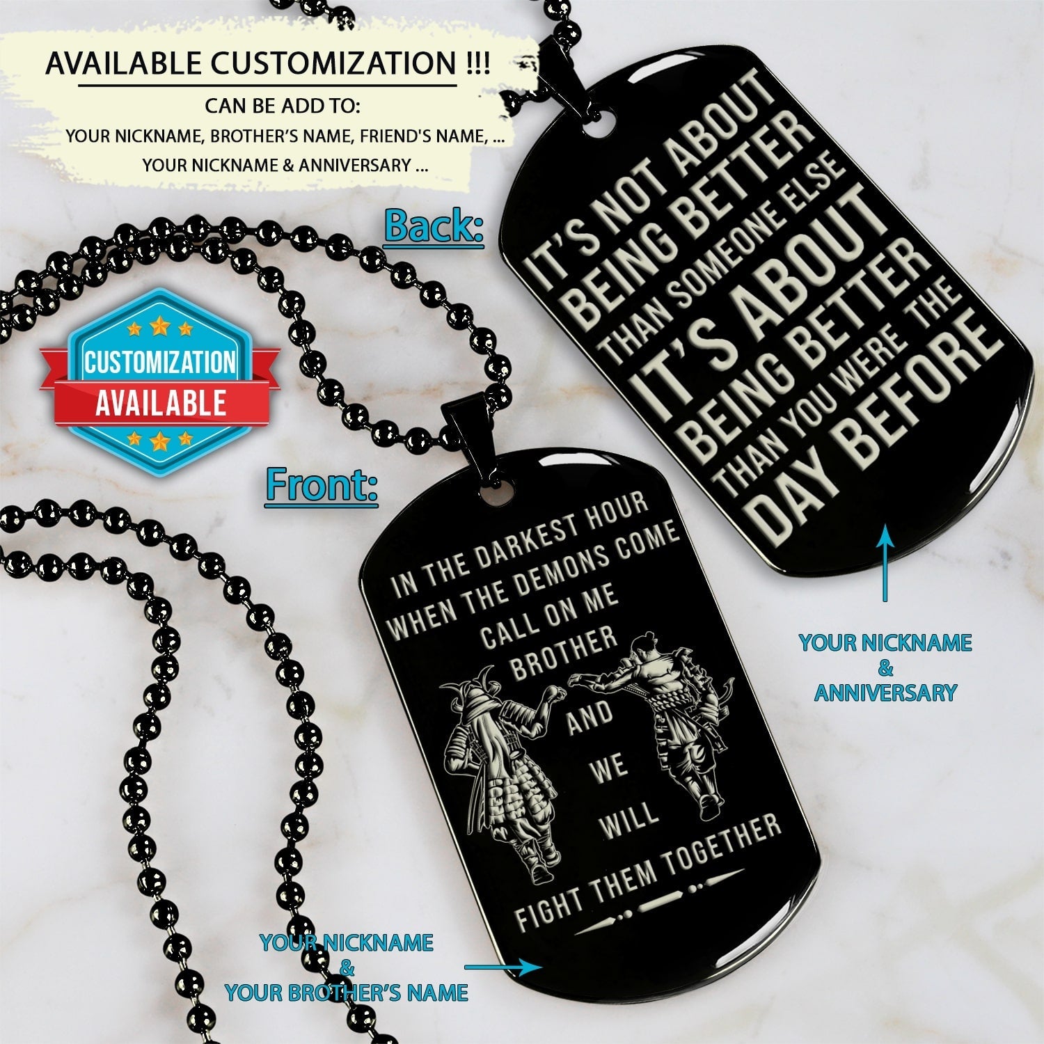 SAD065 - Call On Me Brother - It's About Being Better Than You Were The Day Before - Samurai - Bushido - Katana - Ronin - Miyamoto Musashi - Black Double-Sided Dog Tag