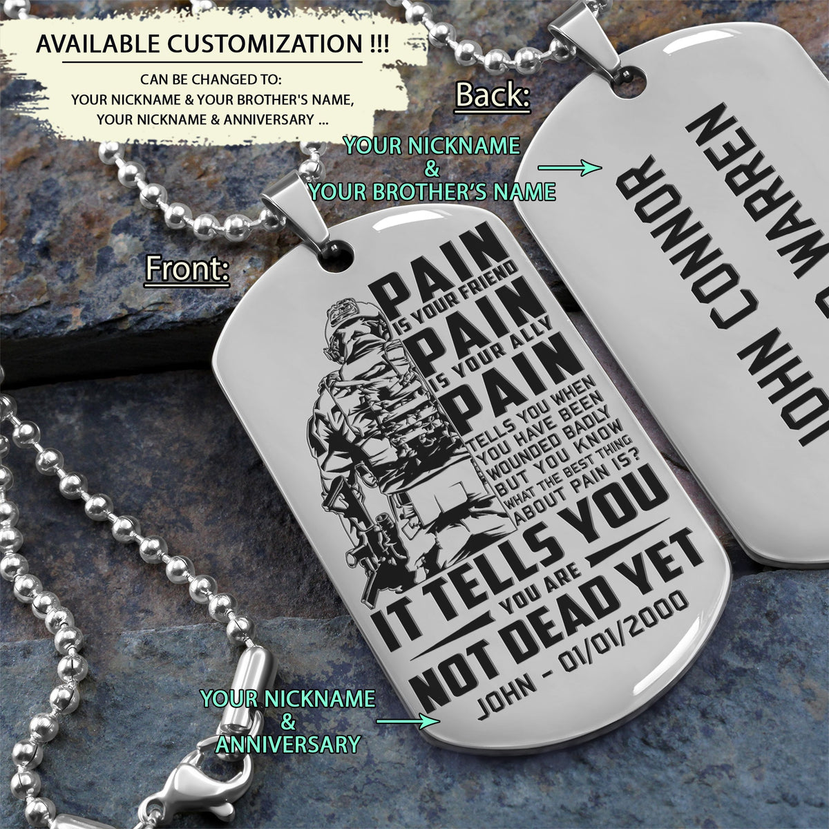 SDD022 - PAIN - You Are Not Dead Yet - Soldier Dog Tag - Engrave Silver Dog Tag