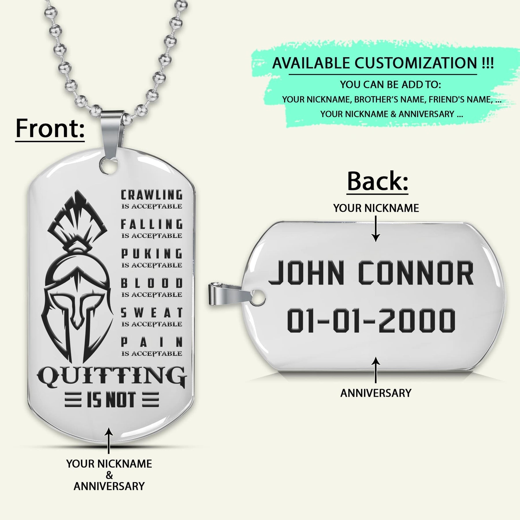 WAD025 - Quitting Is Not - Spartan - Warrior - Engrave Silver Dog Tag