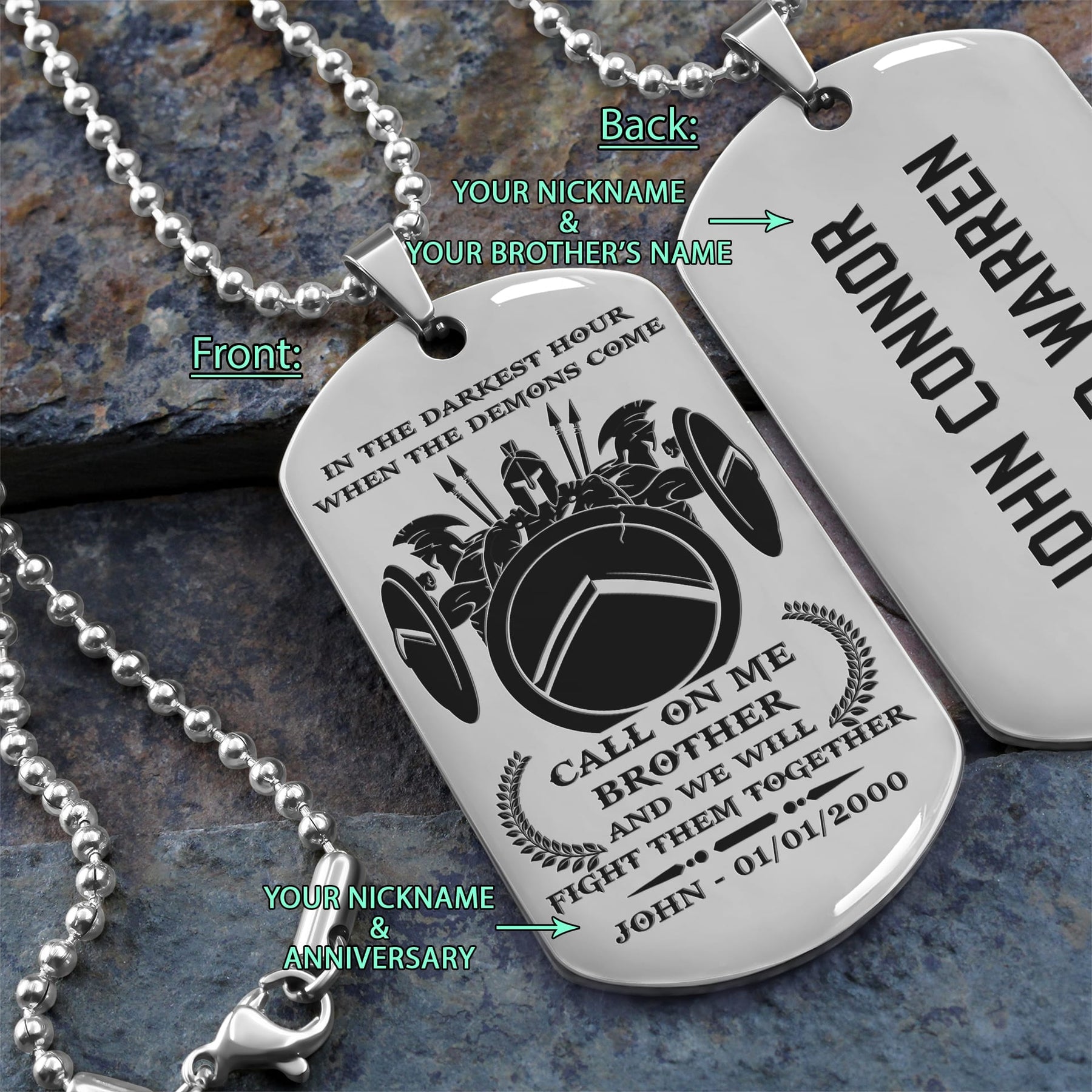 WAD026 - Call On Me Brother - English - Spartan - Warrior - Engrave Silver Dog Tag