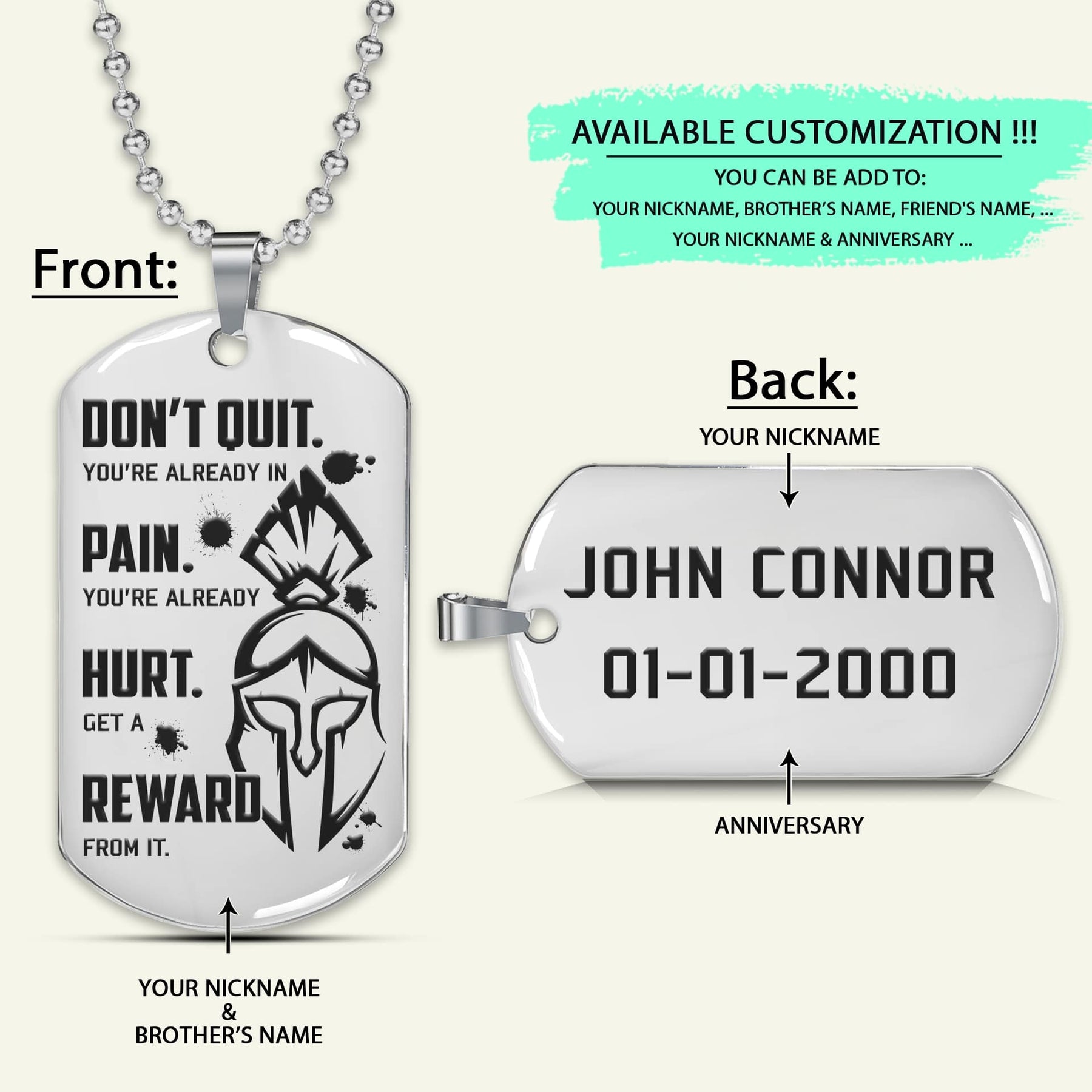 WAD043 - Don't Quit - Get A Reward From It - Spartan - Warrior - Engrave Silver Dog Tag