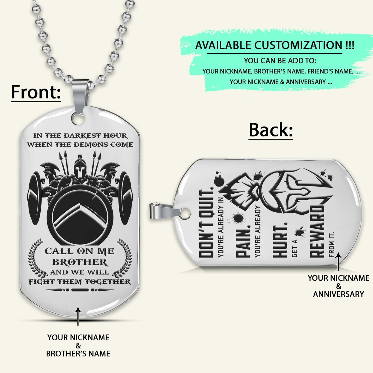 WAD046 - Call On Me Brother - Don't Quit - Spartan - Warrior - Engrave Double Silver Dog Tag