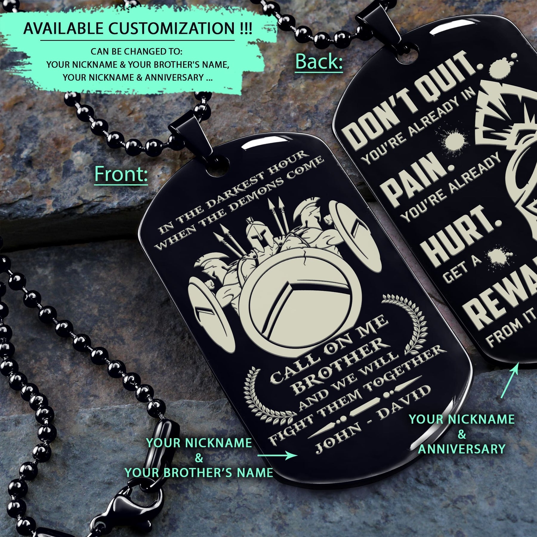 WAD051 - Call On Me Brother - Don't Quit - Spartan - Warrior - Engrave Double Black Dog Tag
