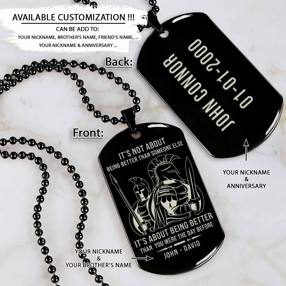 WAD059 - It's Not About Being Better Than Someone Else - Warrior - Spartan Necklace - Engrave Black Dog Tag